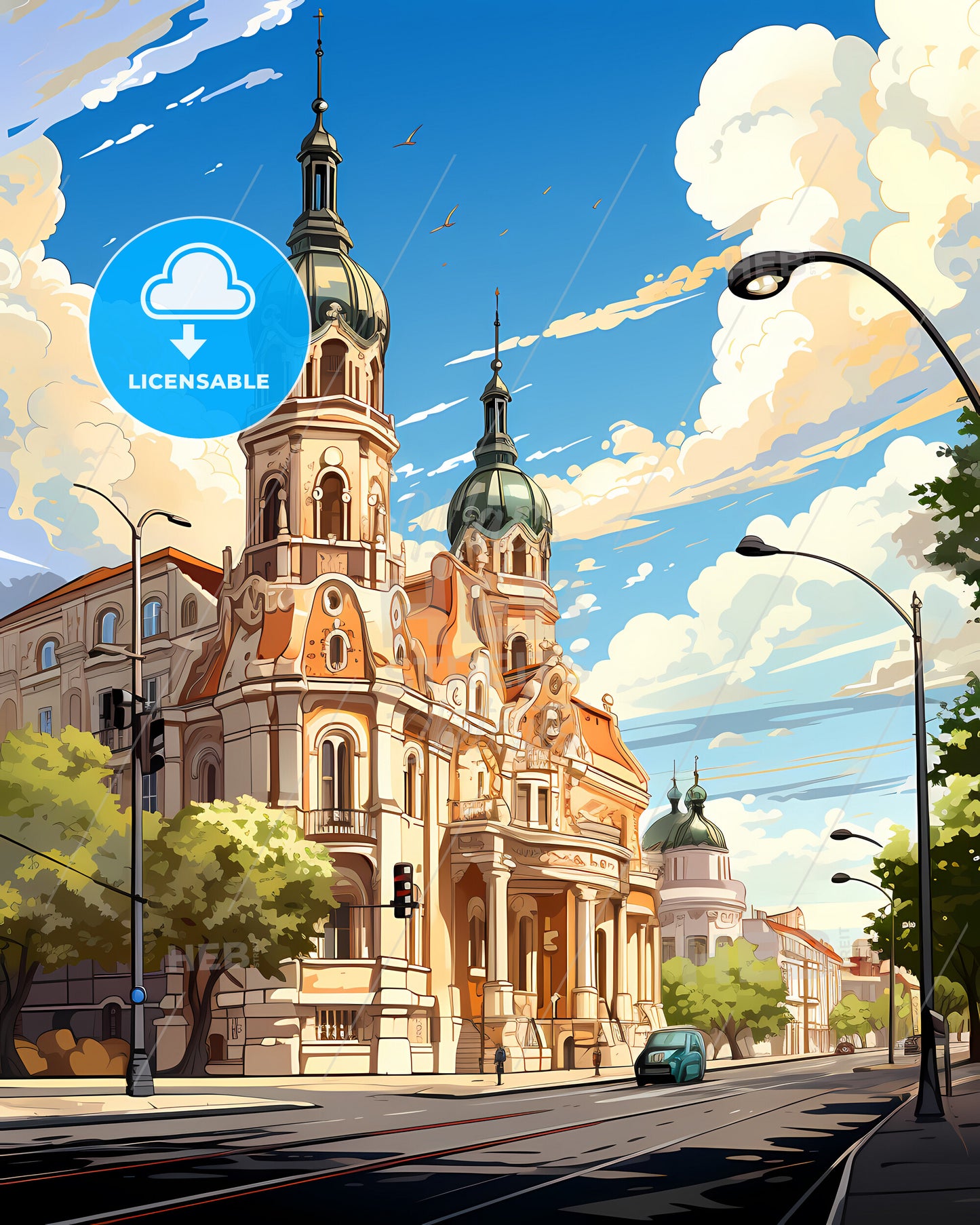 Carabanchel, Spain, a building with a tower and a street light