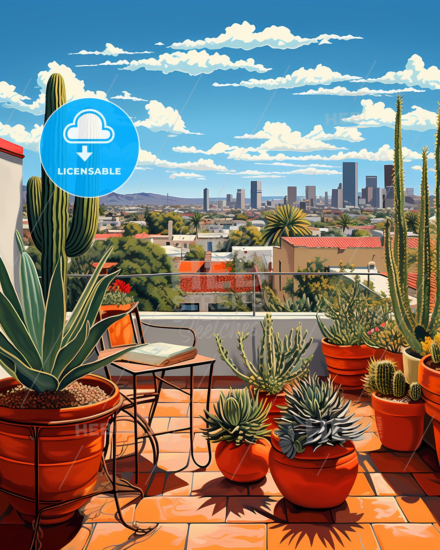 Lauderhill, Florida, a rooftop patio with cactuses and a city in the background