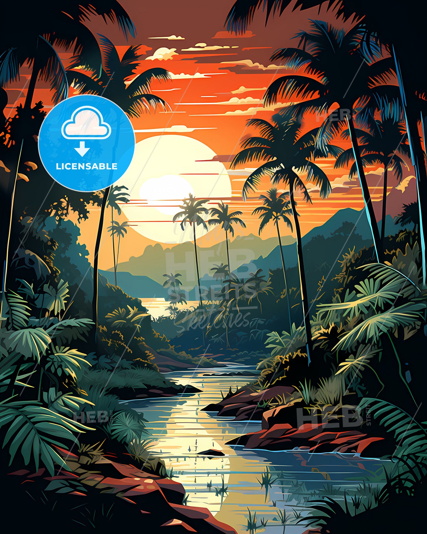 Mission Viejo, California, a river with palm trees and mountains in the background