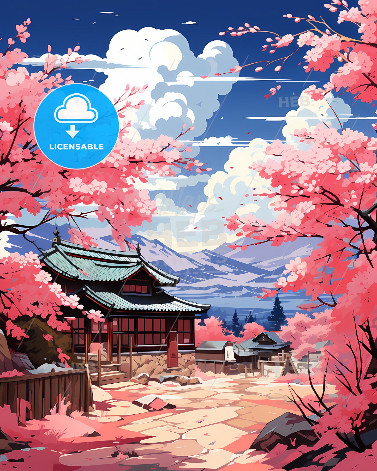 Farmington Hills, Michigan, a painting of a japanese house with pink flowers