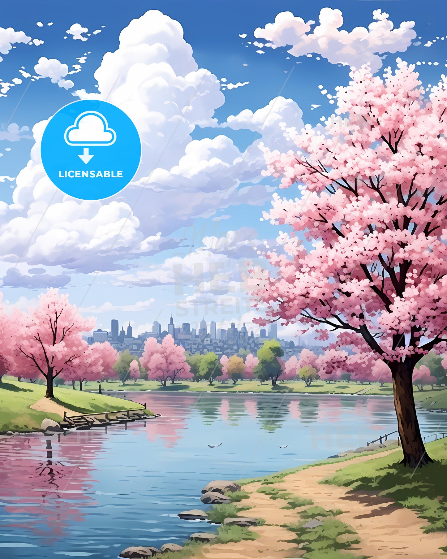 Broomfield, Colorado, a river with pink trees and a city in the background