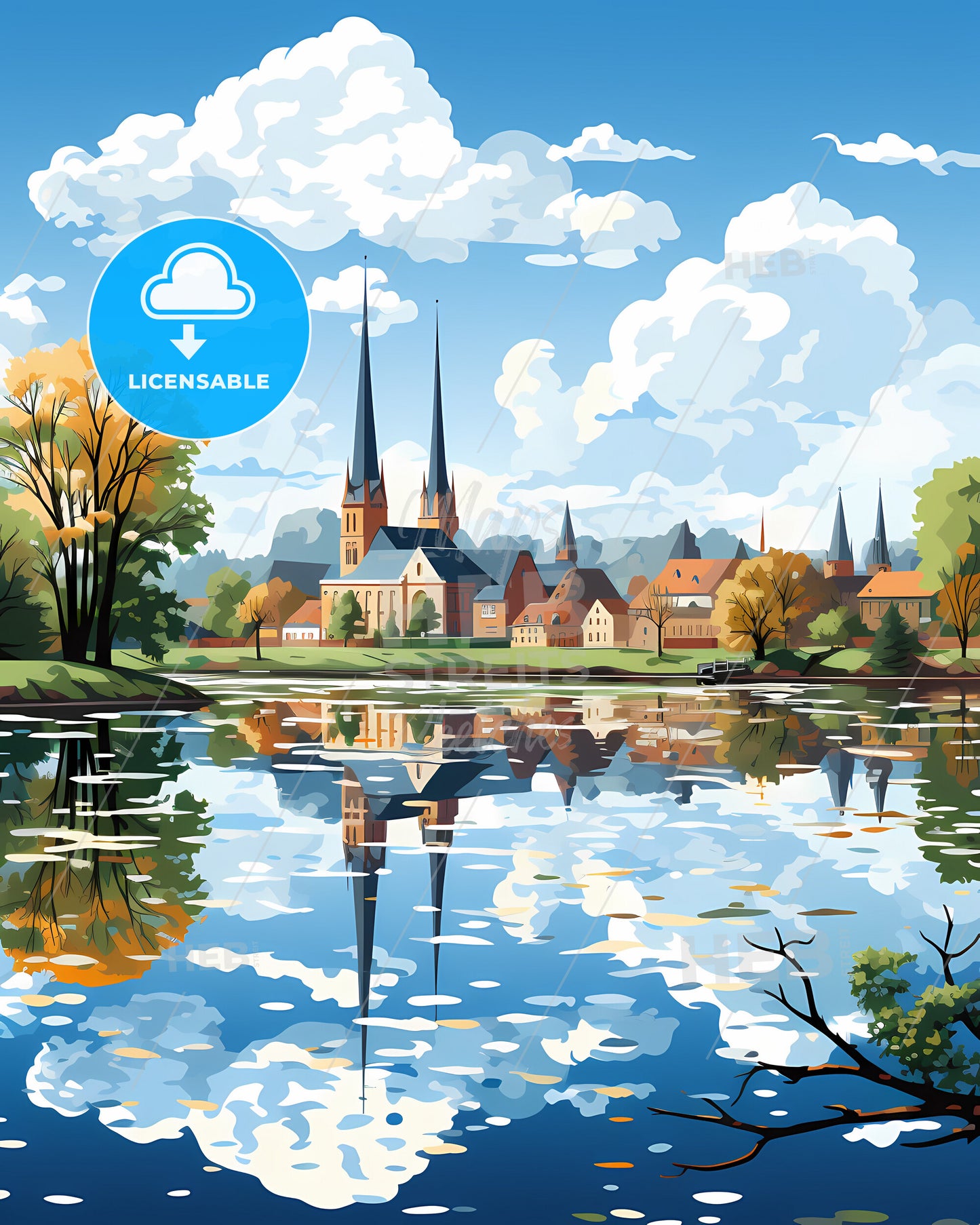 Newbridge, County Kildare, a water view of a town with trees and a church