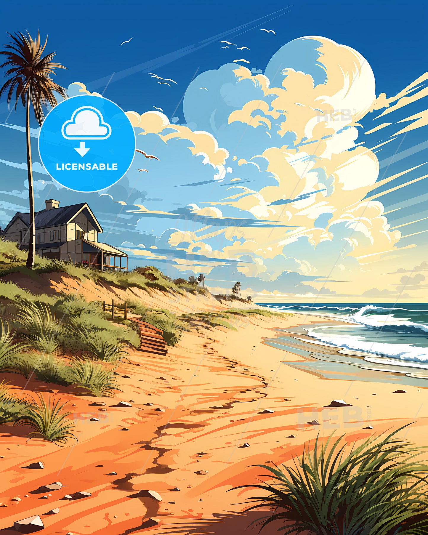 Oxnard, California, a beach with a house and palm trees