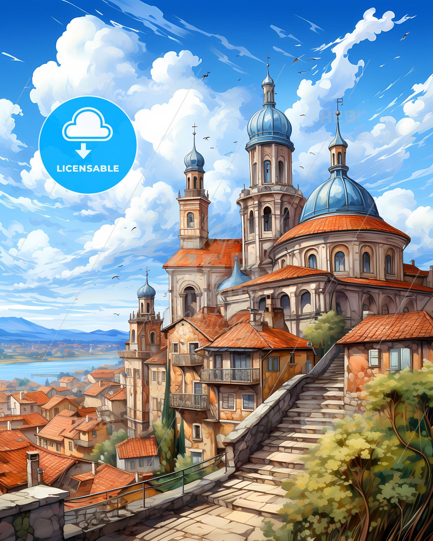 Vicenza, Italy, Melk Abbey with red roofs and blue domes