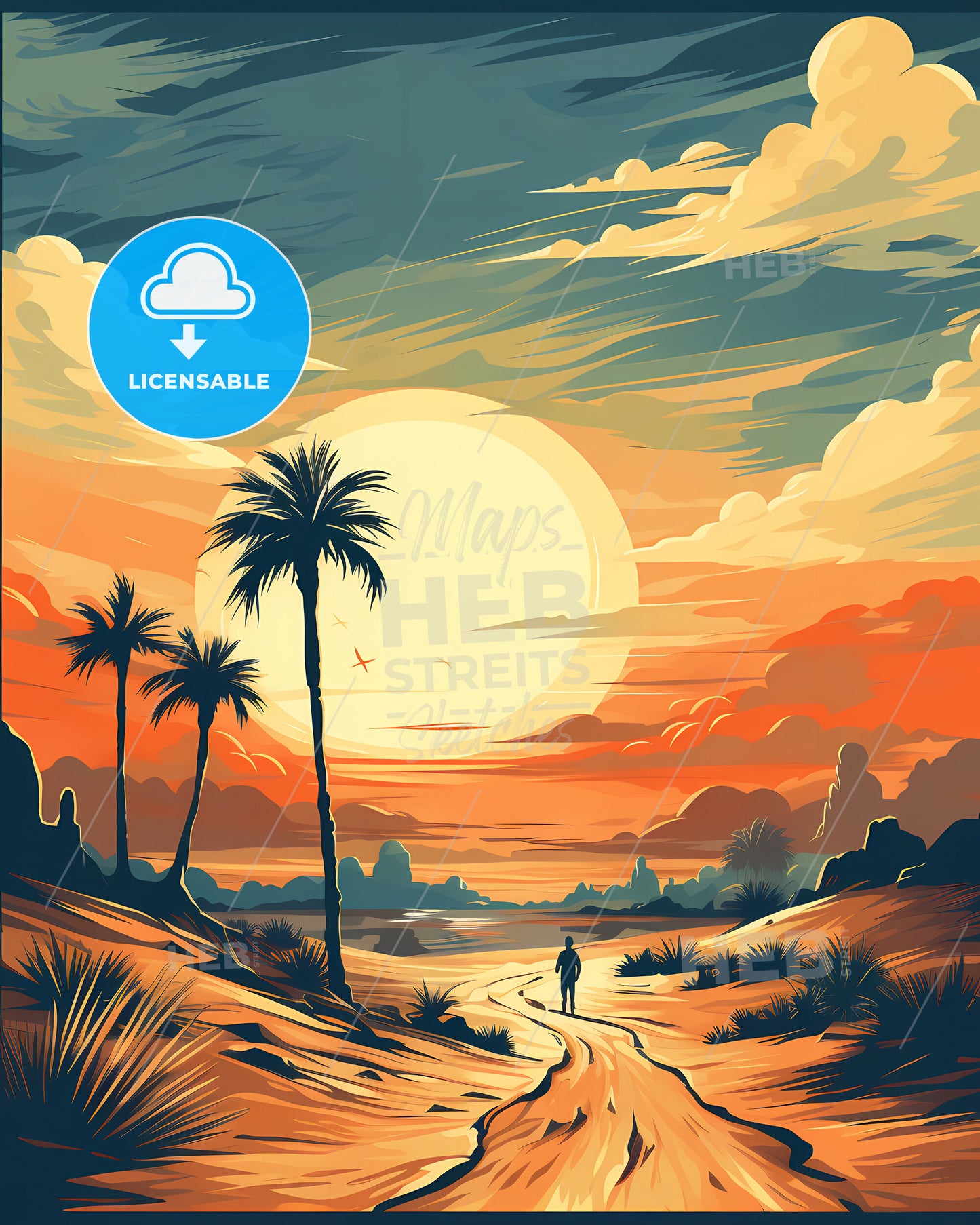 Deerfield Beach, Florida, a person walking on a dirt road with palm trees and a sunset