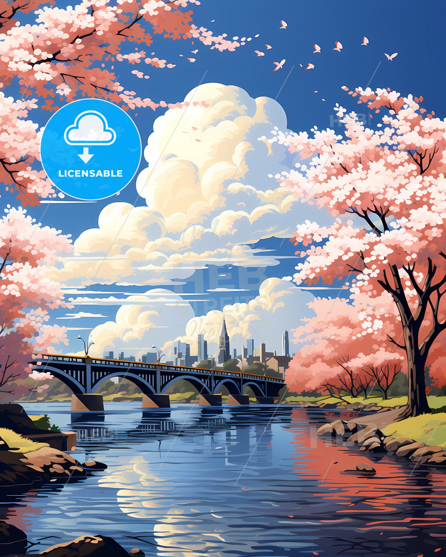 Coon Rapids, Minnesota, a bridge over a river with pink trees and a city in the background