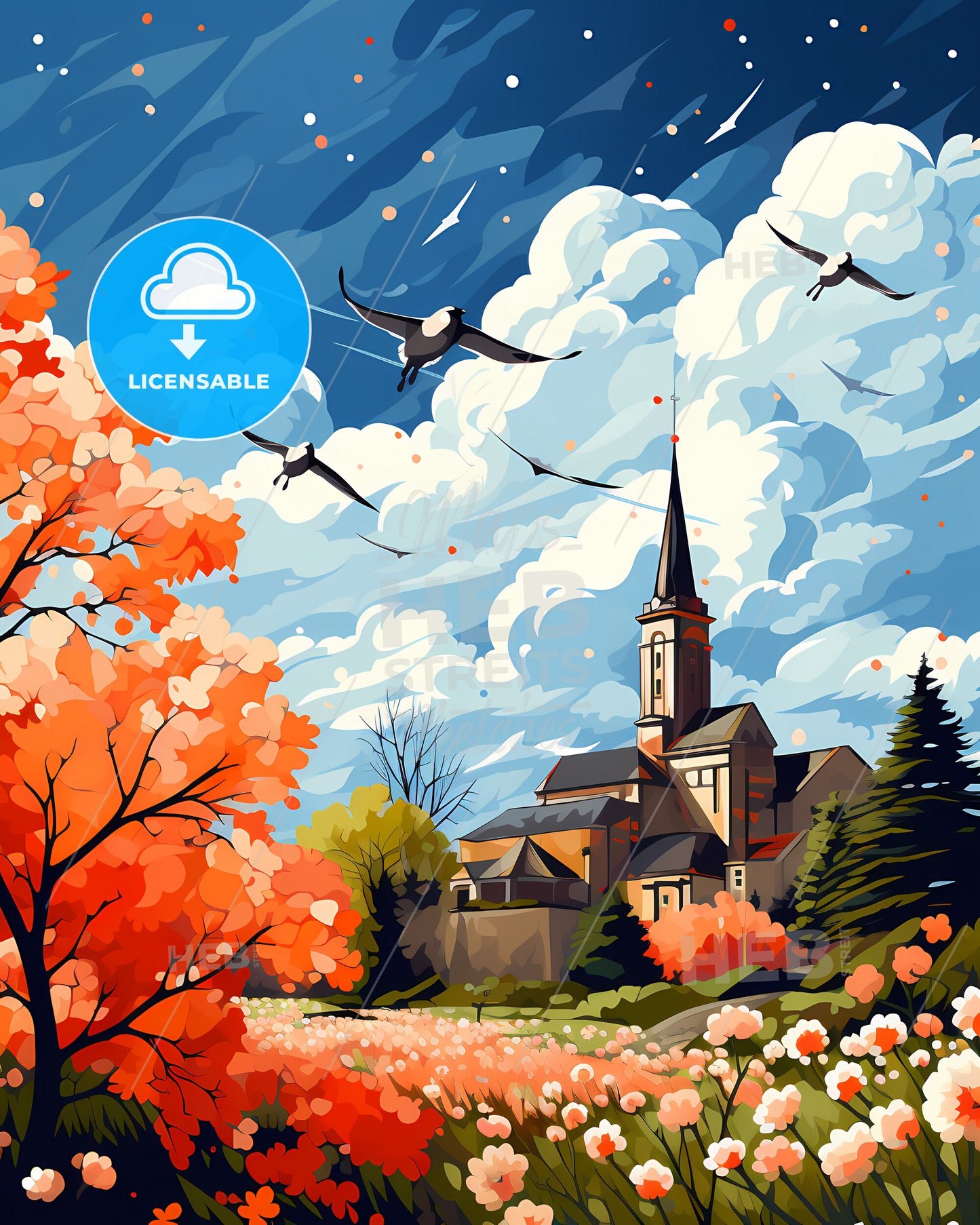 Rockford, Illinois, birds flying over a church