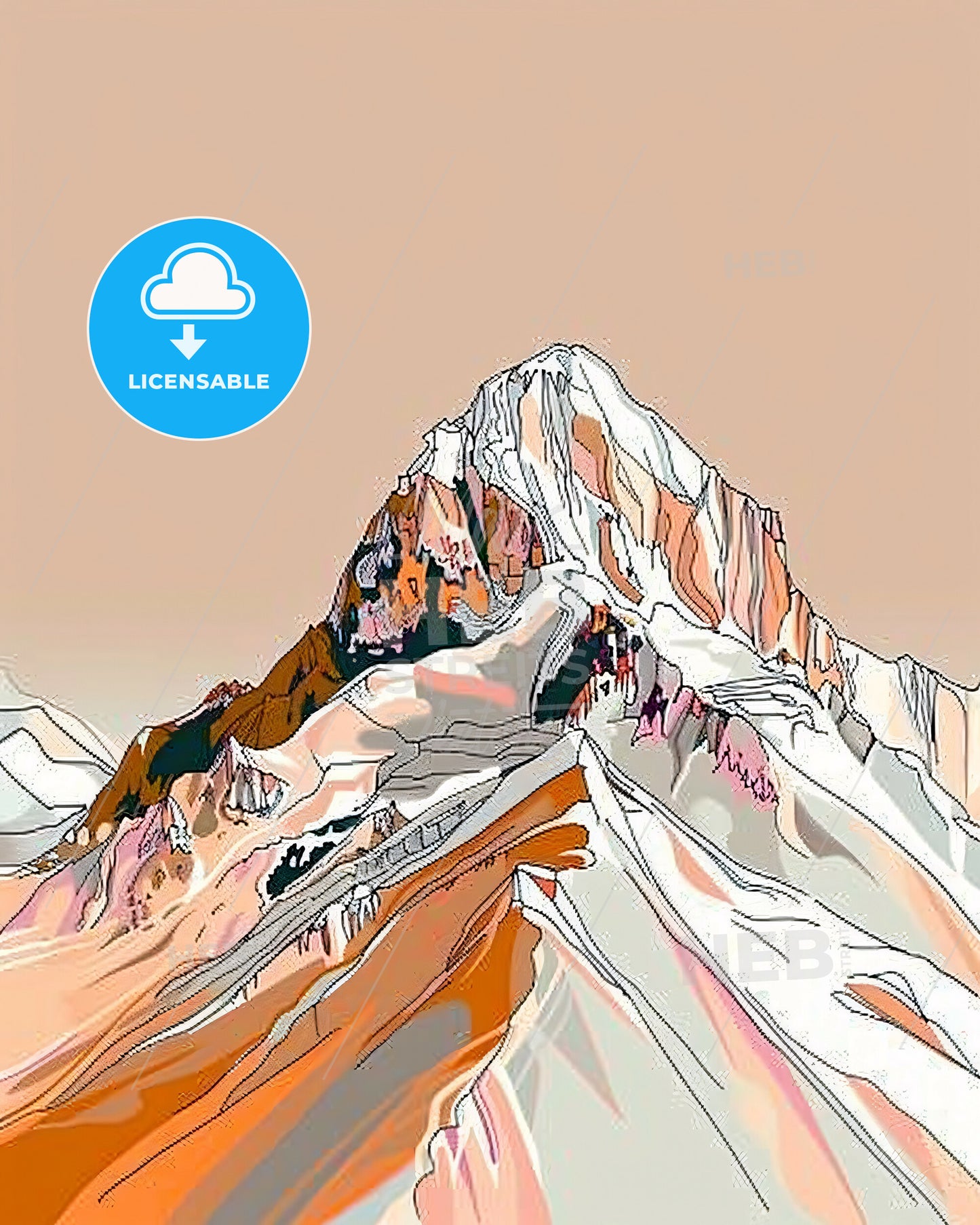 Zenith Vista: Mountain Majesty in Line and Color - A mountain with snow on it