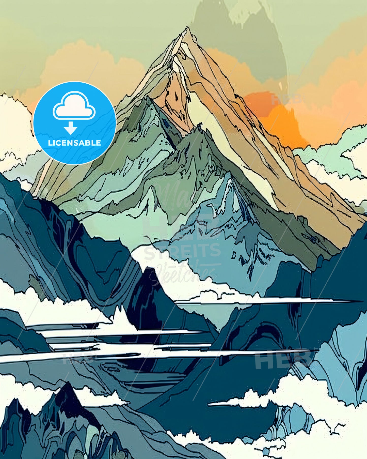 Majestic Peak Panorama: Bold Lines, Vibrant Hues - A mountain range with clouds and a lake