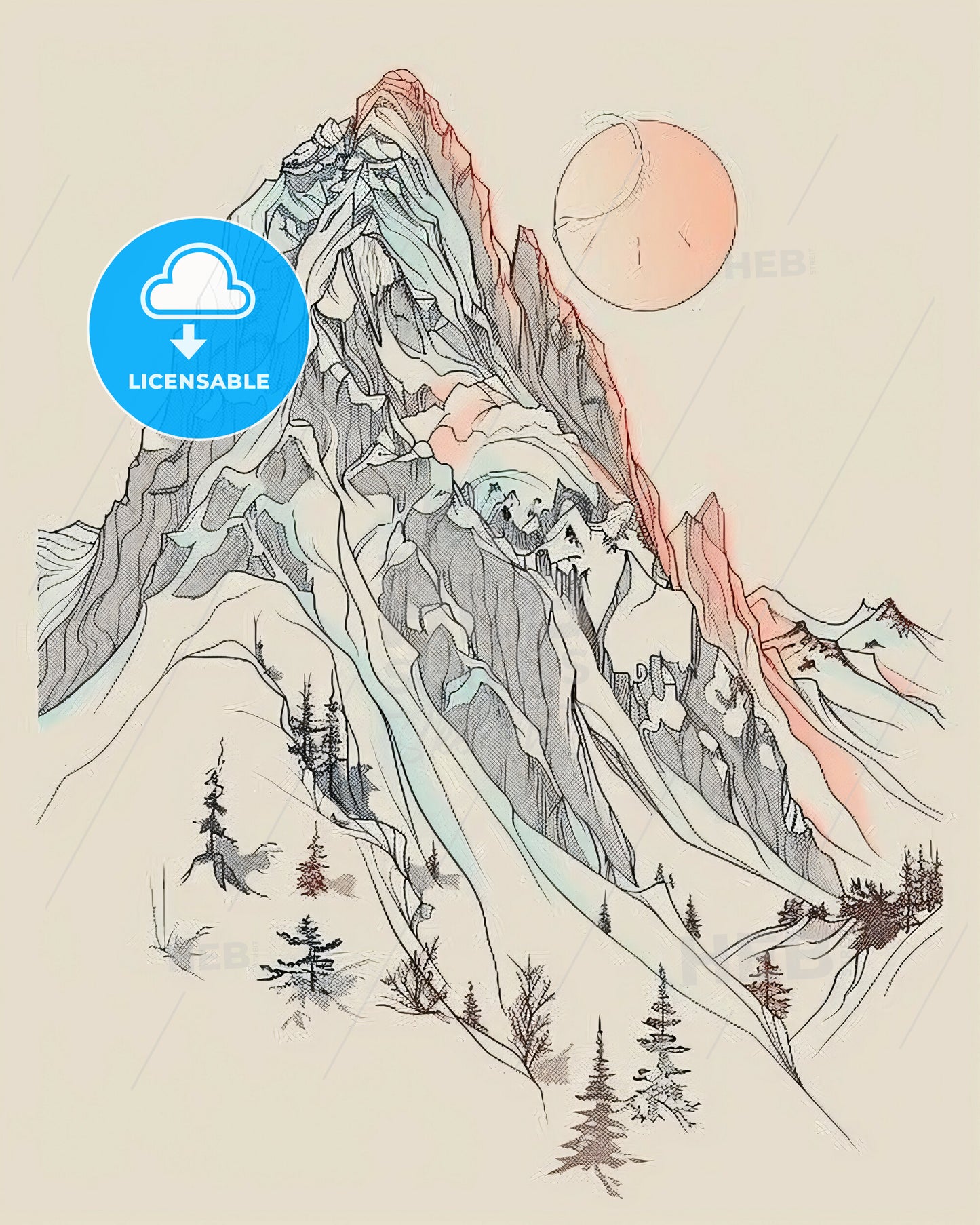 Peak Perfection: Panoramic Linescape in Vibrant Hues - A mountain with trees and a sun