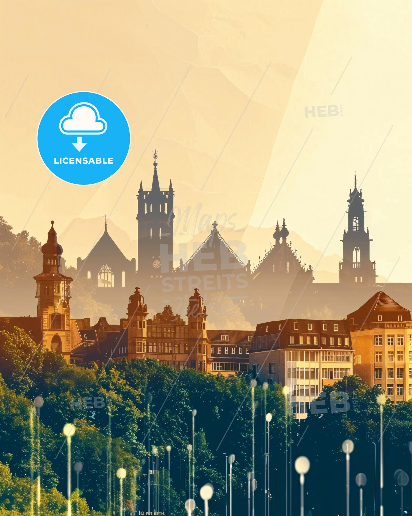 Aachen Cityscape Silhouette Poster Art Bright - A city with trees and buildings