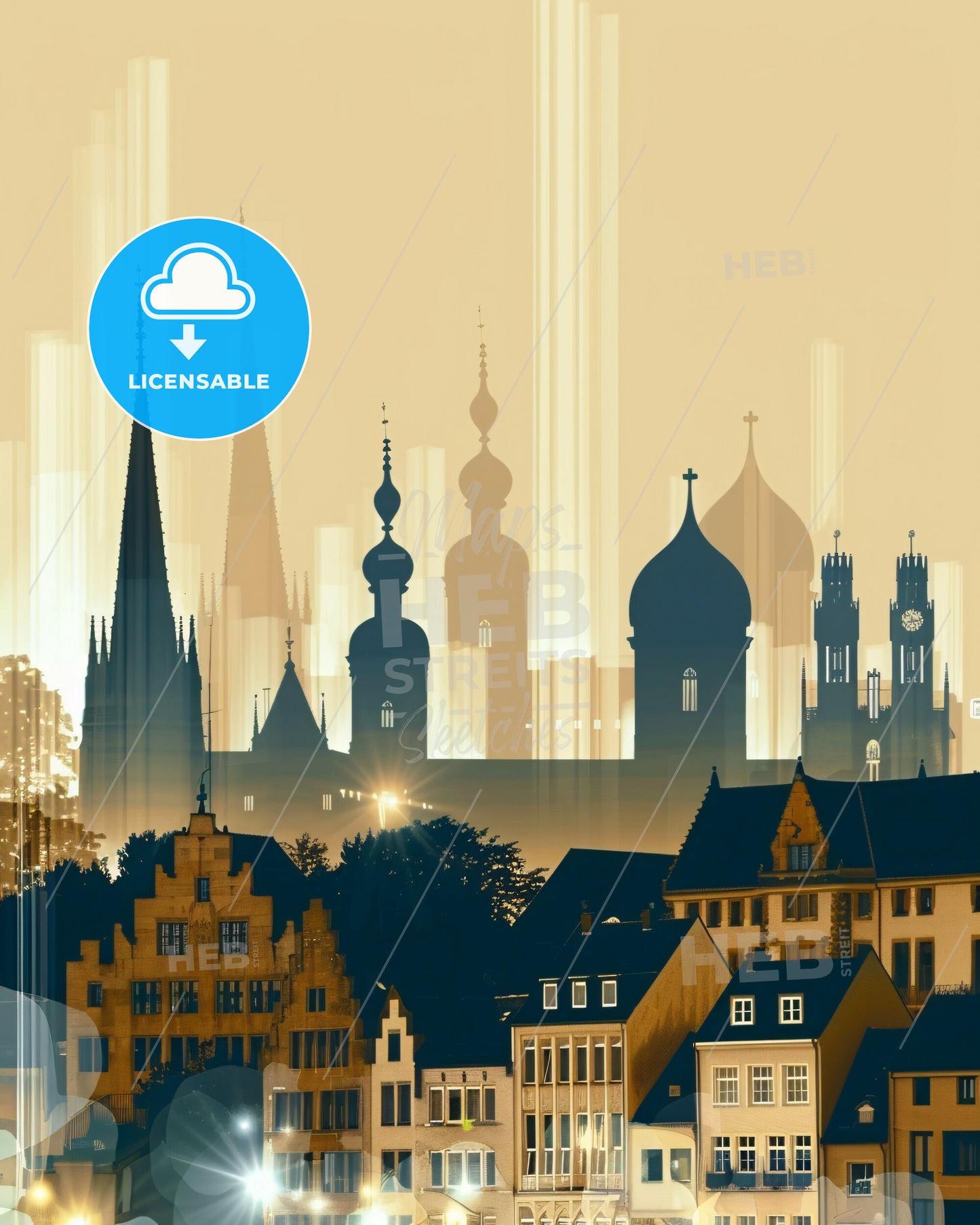 Aachen Skyline Night Lights Composite Art Poster - A city skyline with buildings and towers