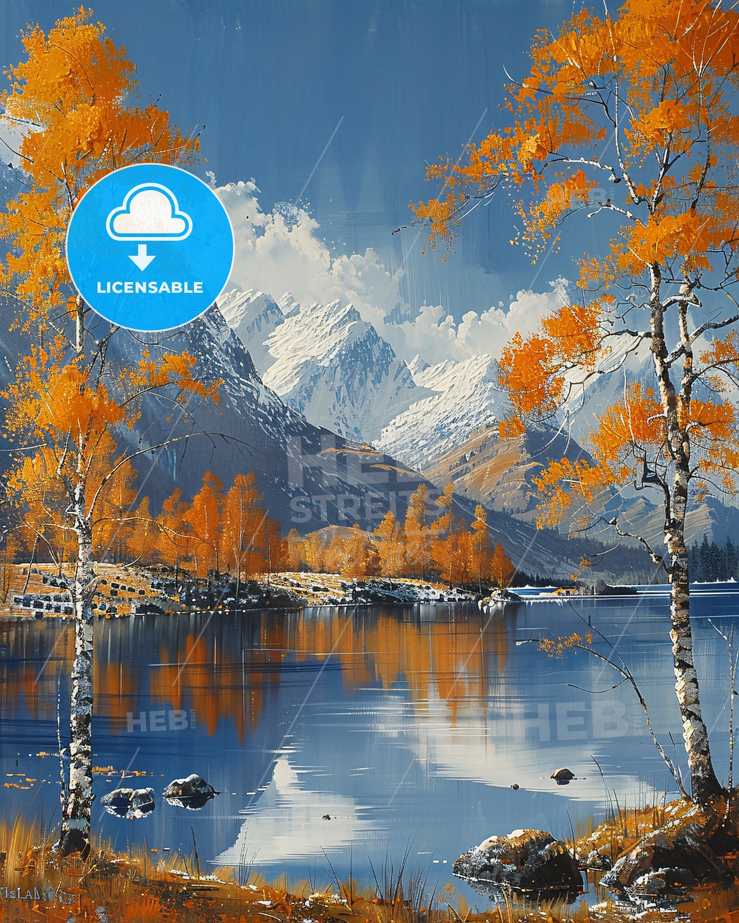 Scottish Highlands Snow Peaks Abstract Landscape - A lake with orange trees and mountains in the background