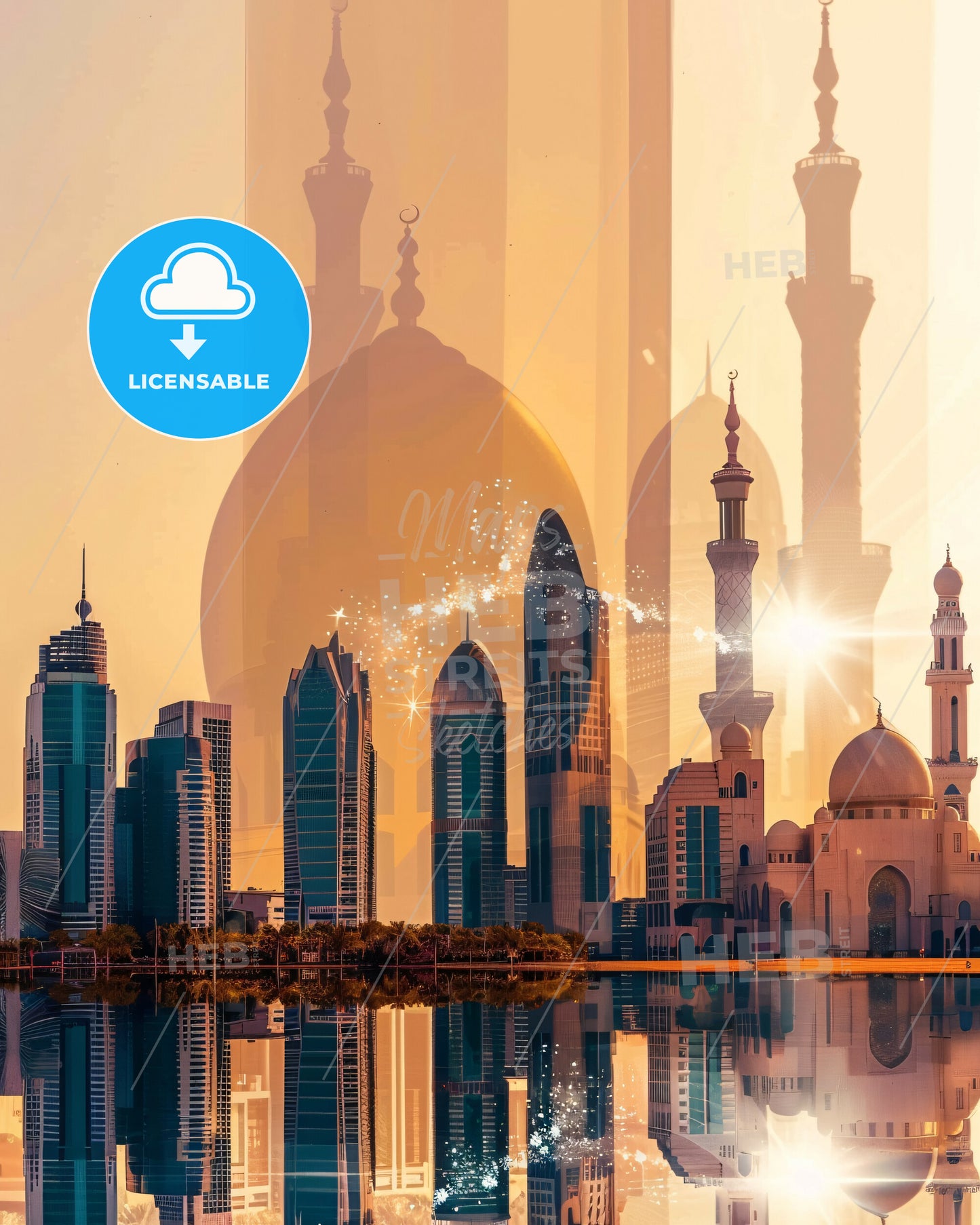 Abu Dhabi City Skyline Double Exposure Pastel Poster - A city skyline with a reflection of the sun