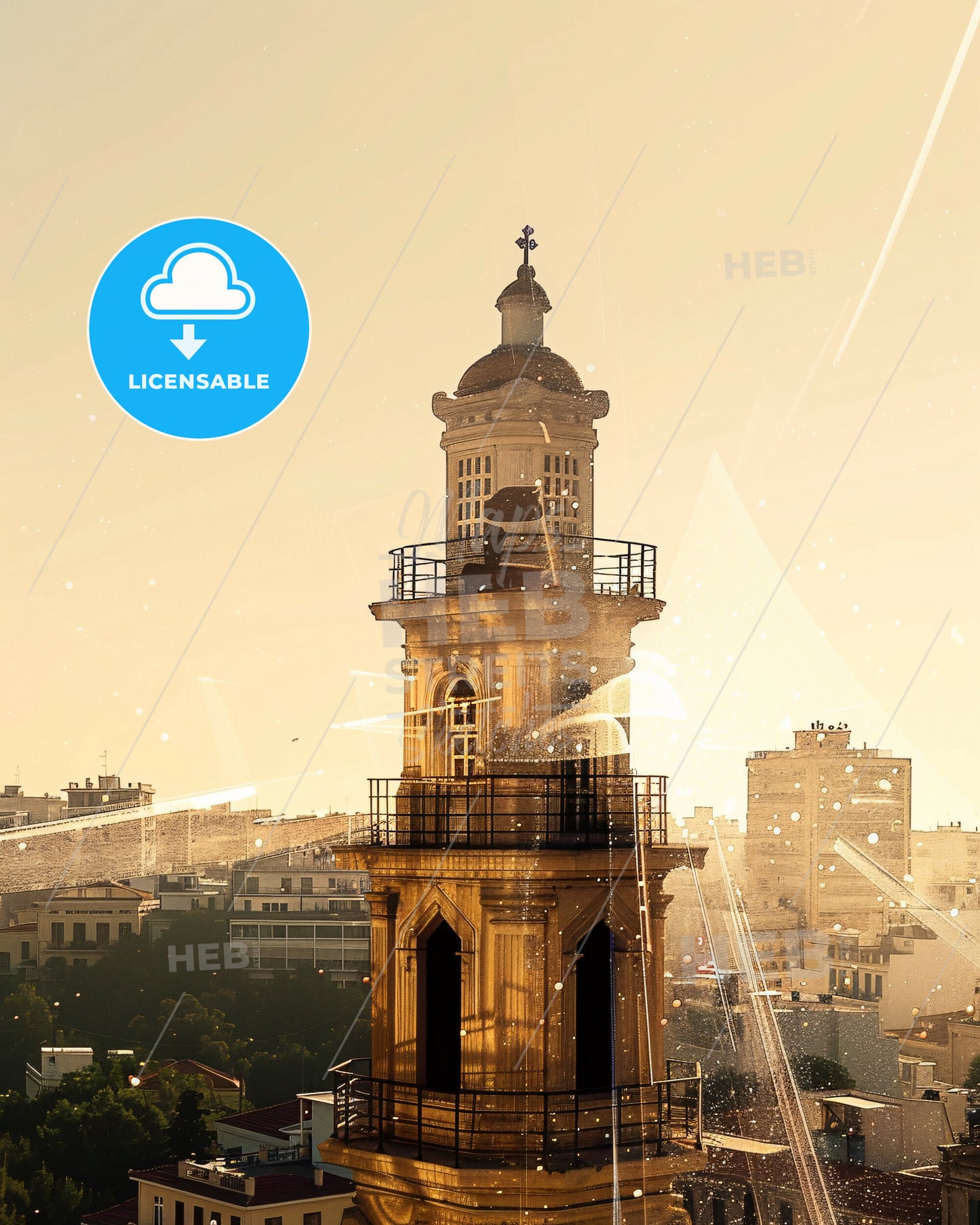 Acharnes City Silhouette Skyline Art Poster - A tower with a cross on top and a city in the background