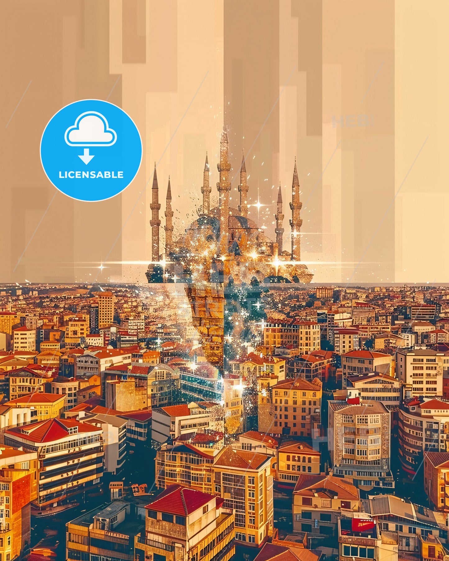 Adana Cityscape Art Deco Poster - A city with a tower