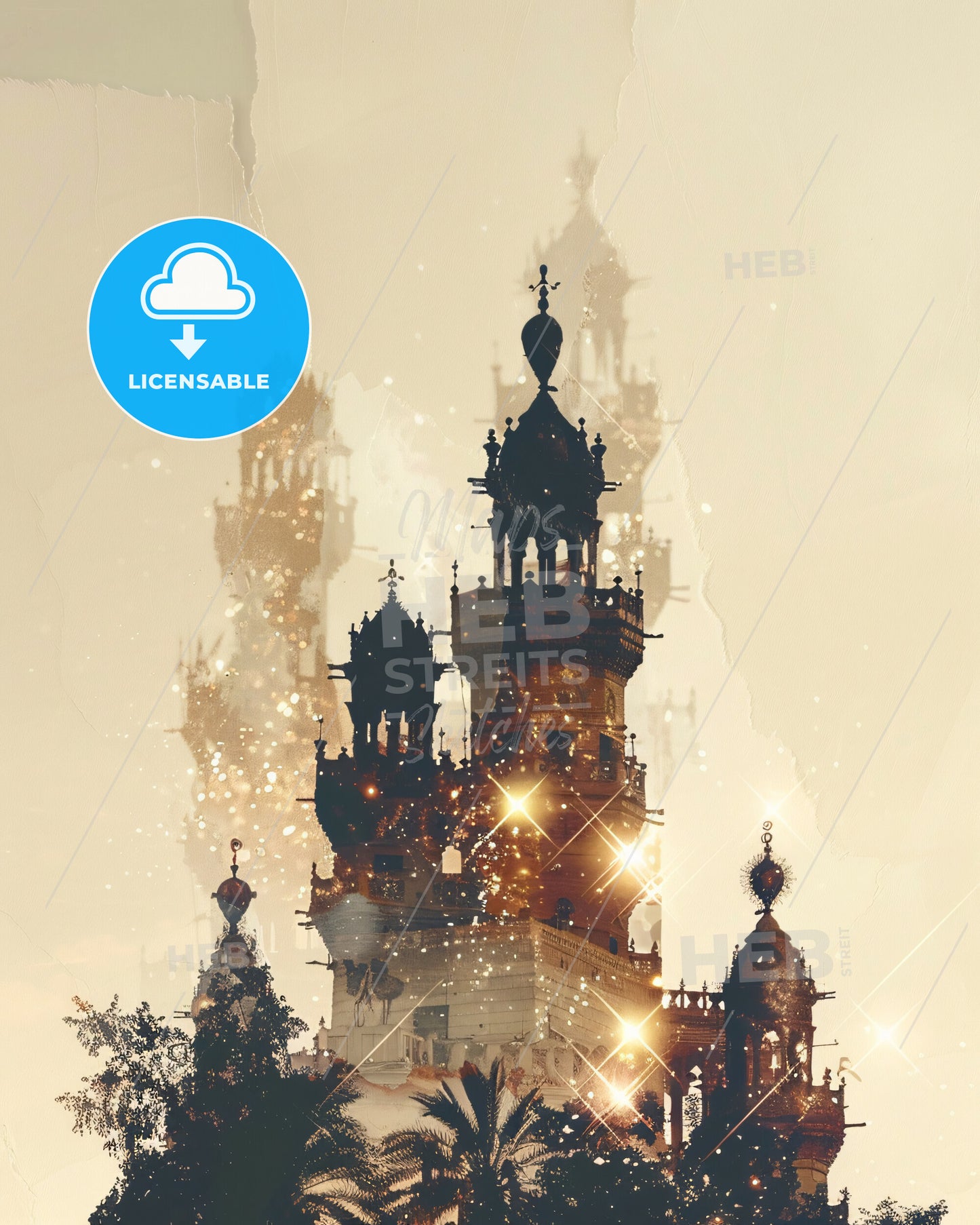 Alexandrian Skyline Double Exposure Art - A building with towers and towers