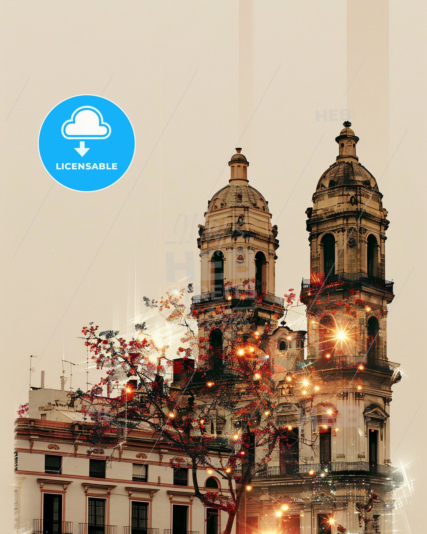 Algeciras Skyline Double Exposure Art - A building with a tree and lights