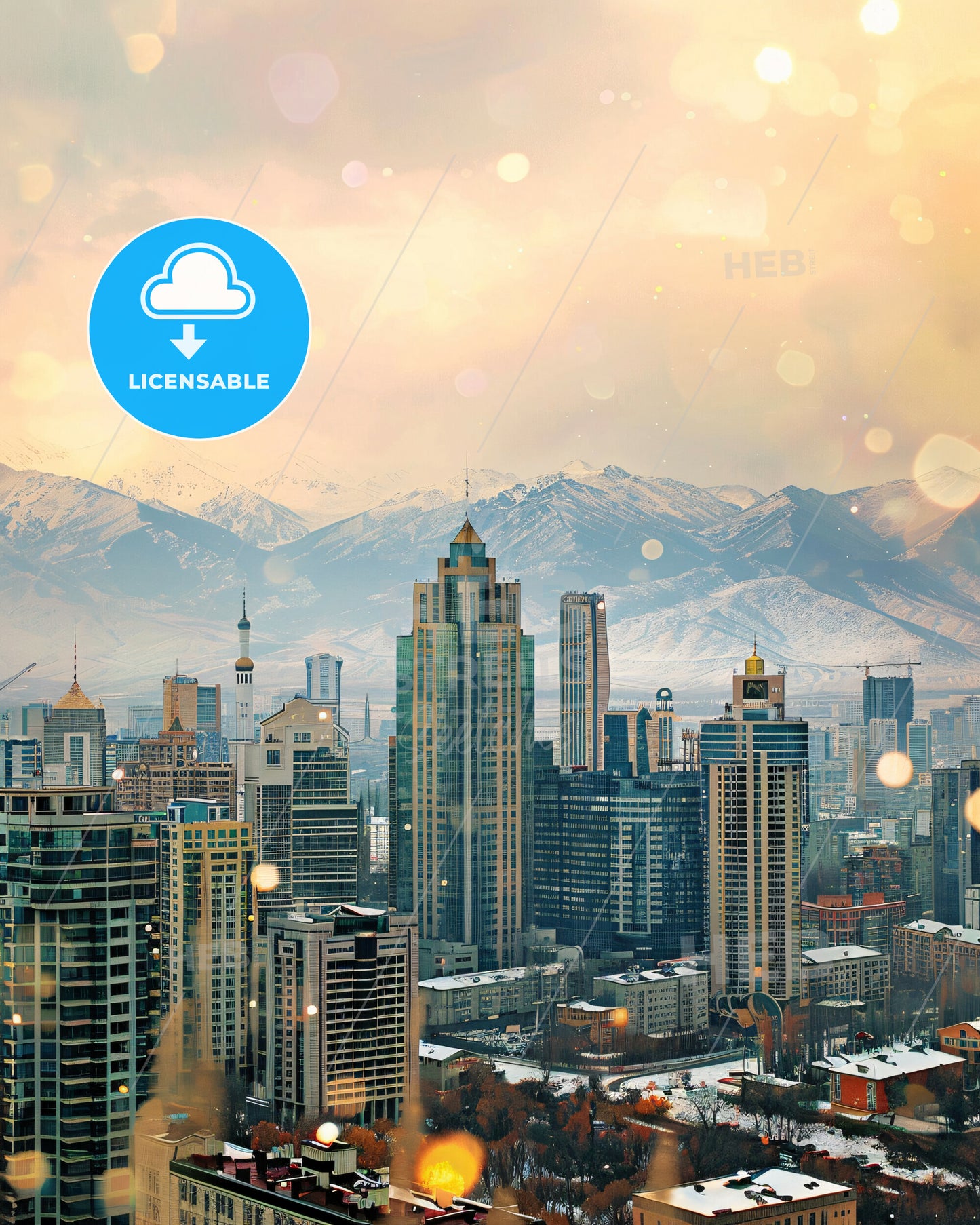 Almaty Skyline Double Exposure Art Poster - A city with snow covered mountains