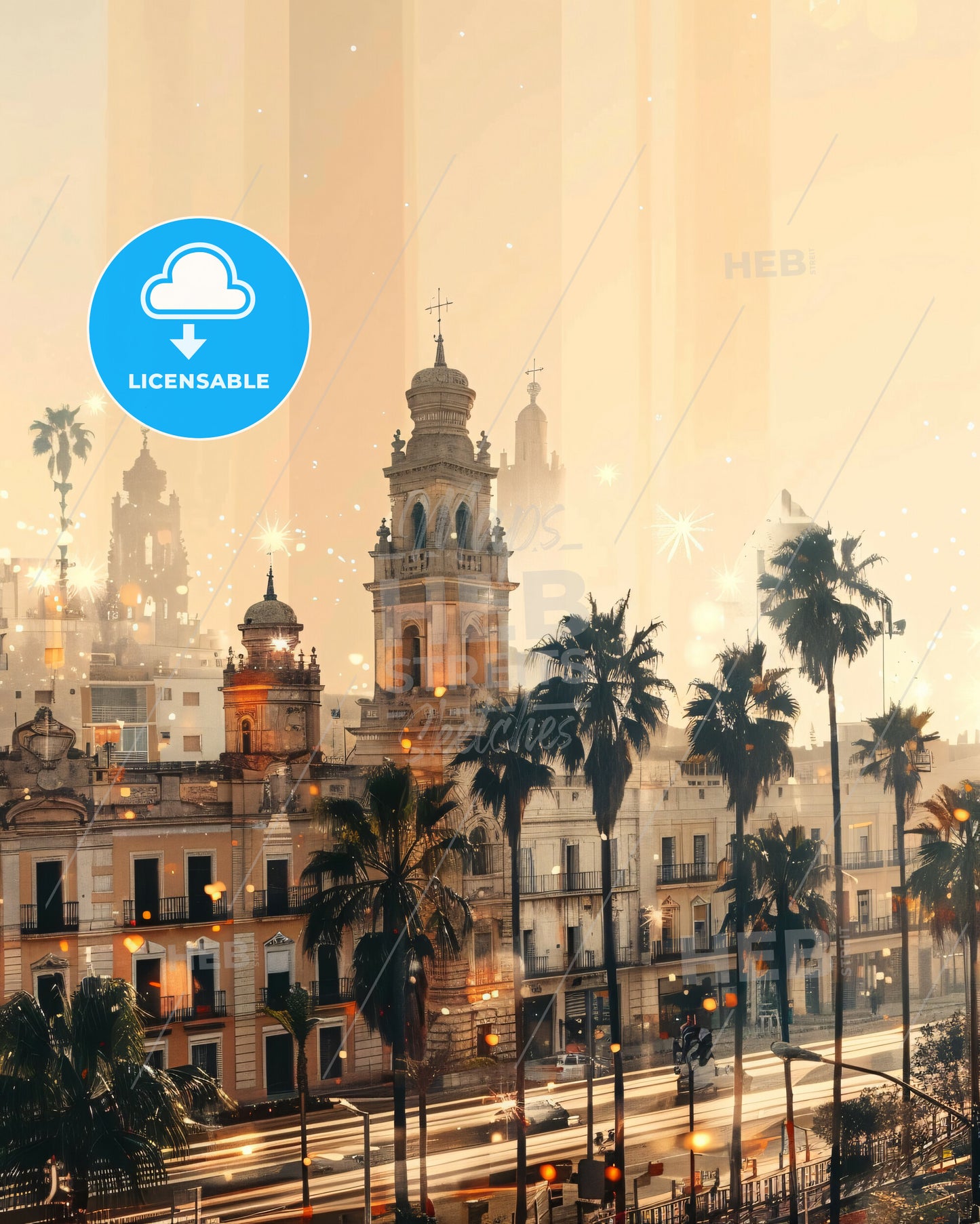 Almeria City Skyline Double Exposure Art Poster - A city with palm trees and buildings