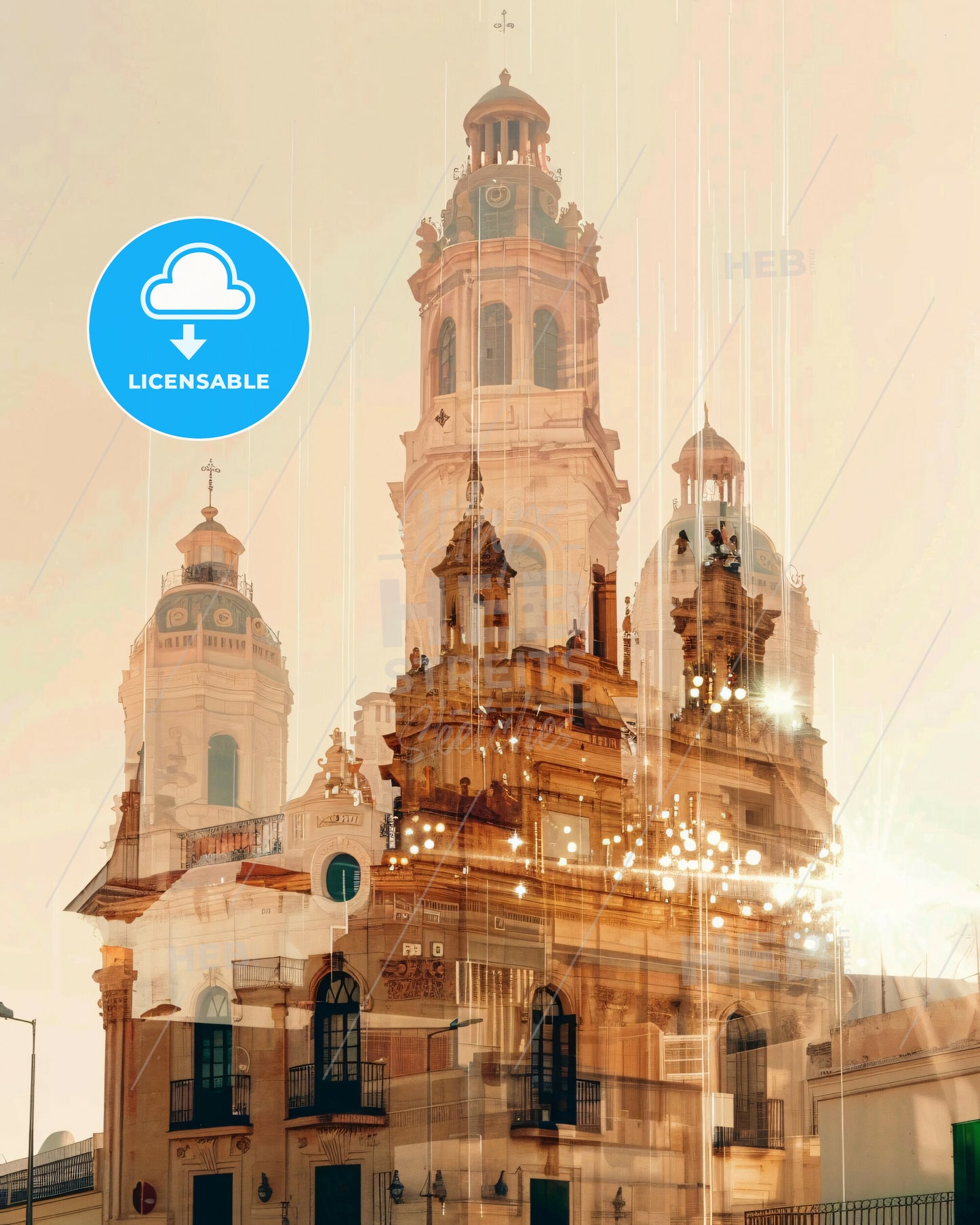 Almeria City Skyline Double Exposure Art - A building with a tower