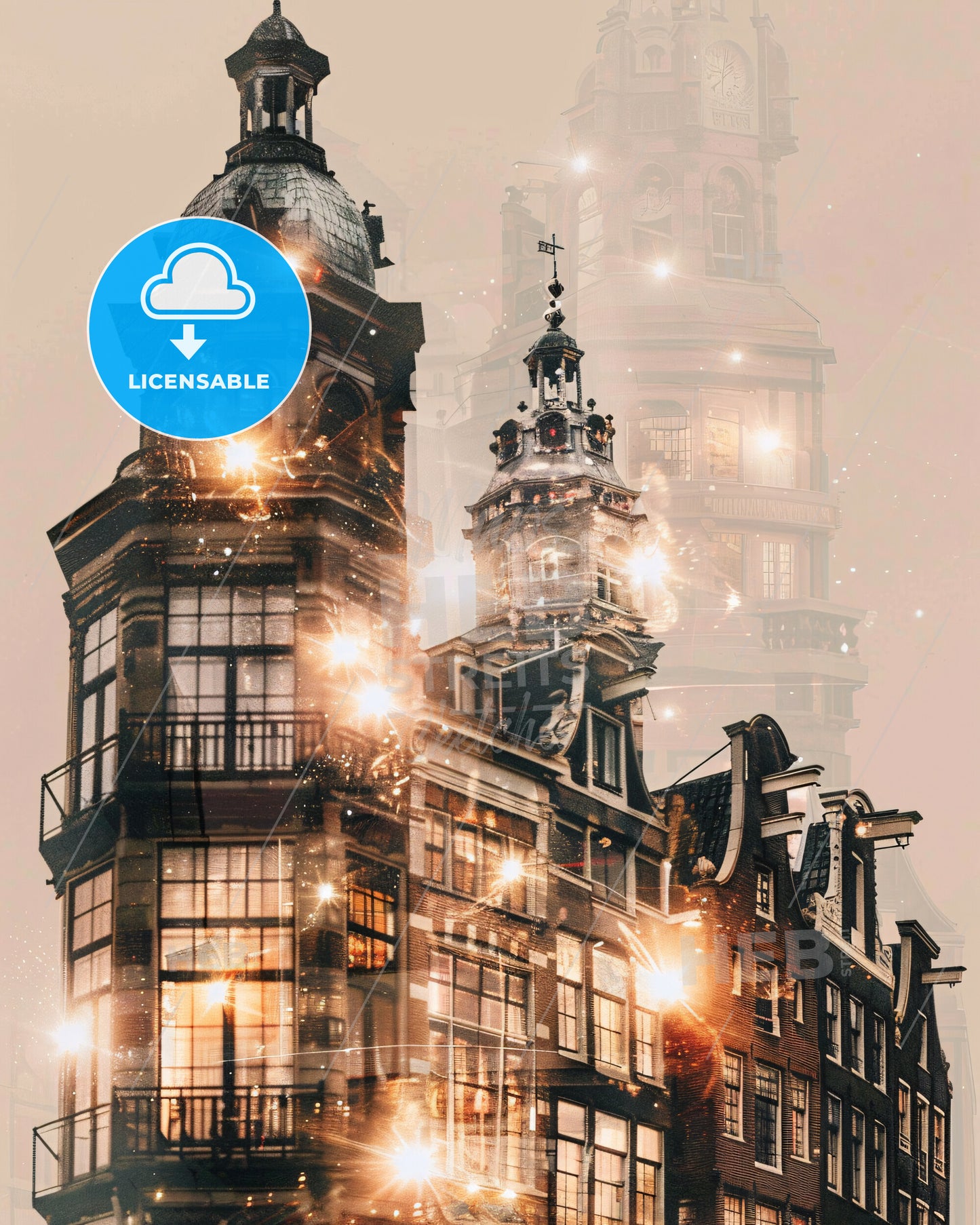 Amsterdam Skyline Cityscape Art Double Exposure - A group of buildings with lights