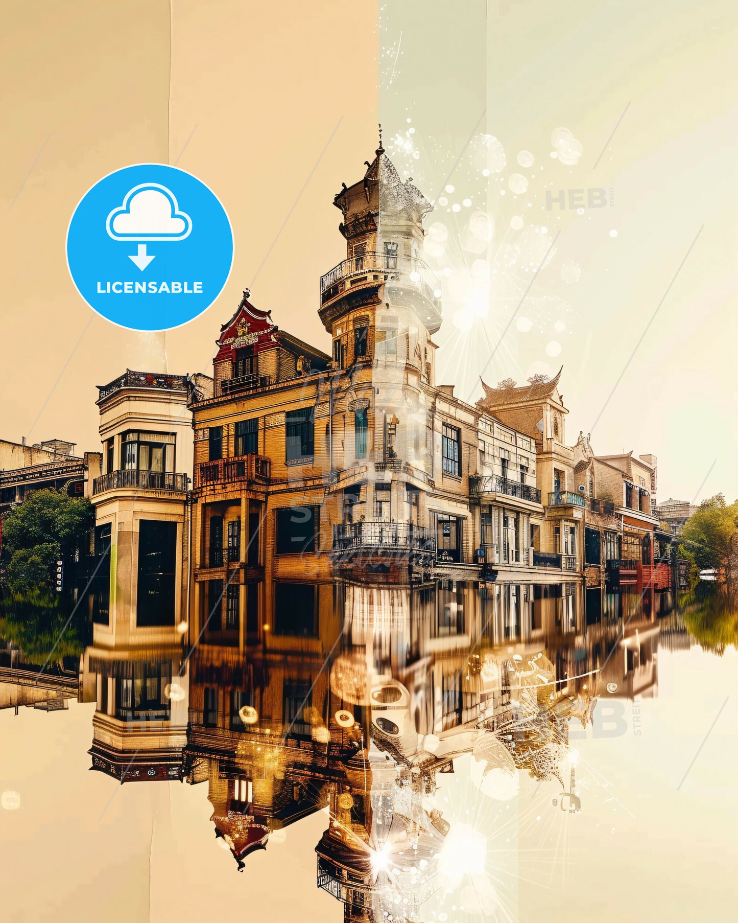 Anshan City Skyline Icons Poster Art with Sparkles - A building with a large body of water