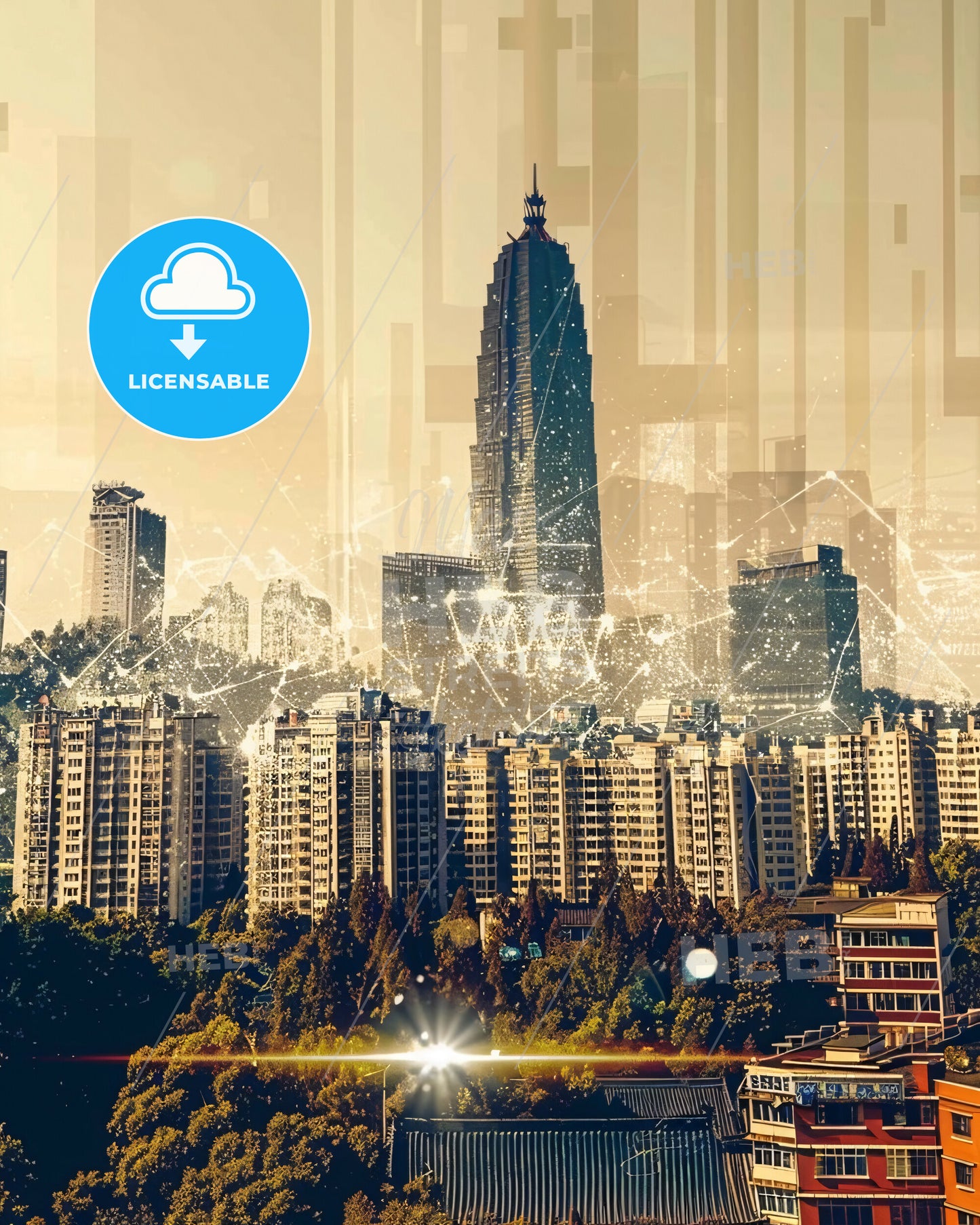 Anyang Skyline Bright Beige Poster - A city with many buildings and lines