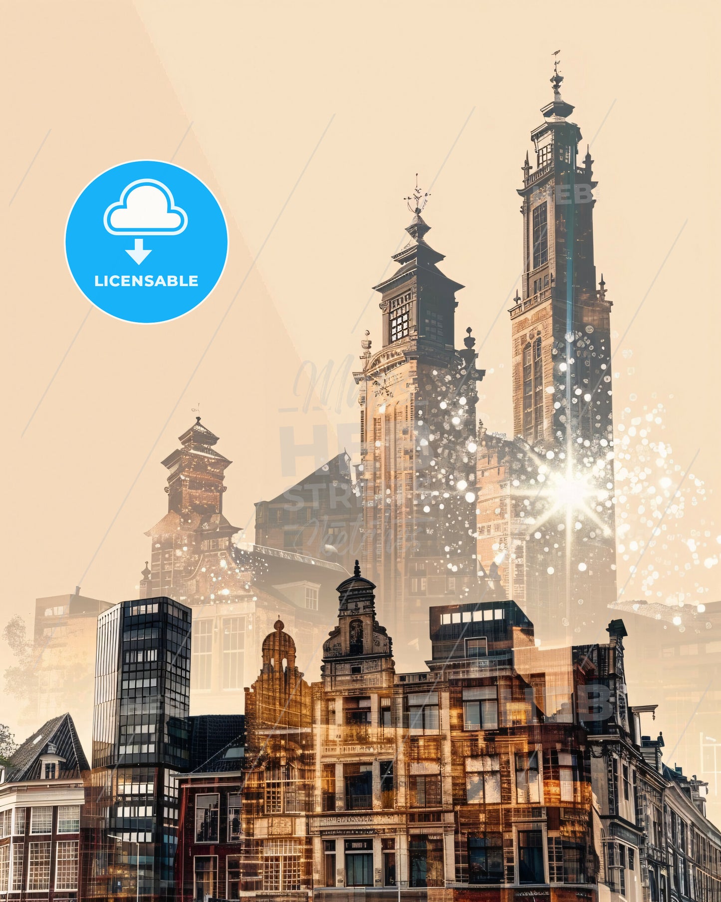 Apeldoorn Cityscape in Dual Hues with Glimmering Lights - A city skyline with many tall buildings