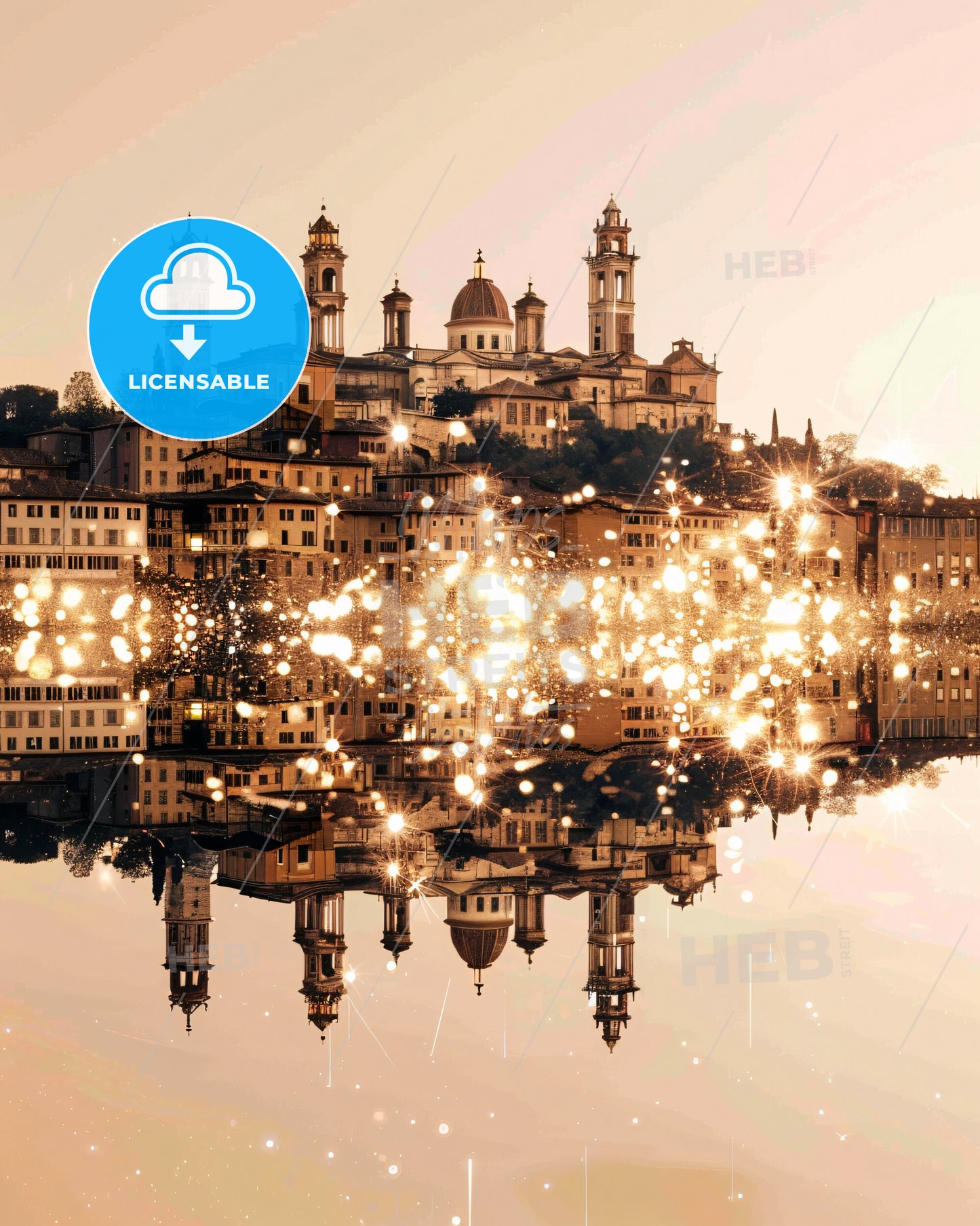 Arezzo City Skyline Artistic Composite Poster - A city with lights reflecting in water