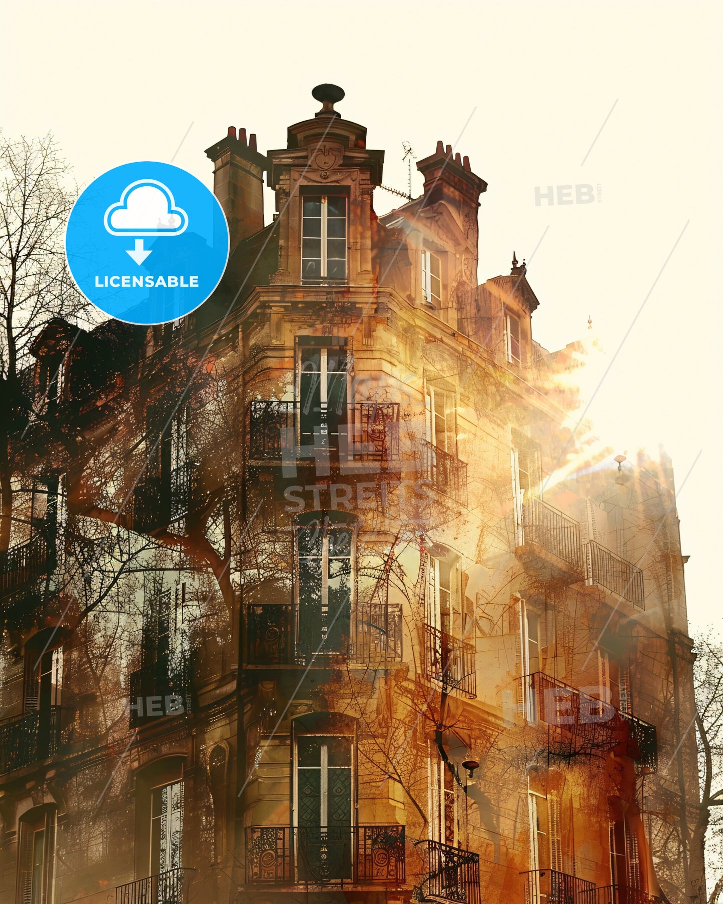 Argenteuil - Double Exposure Skyline Panorama - A building with trees and sun rays