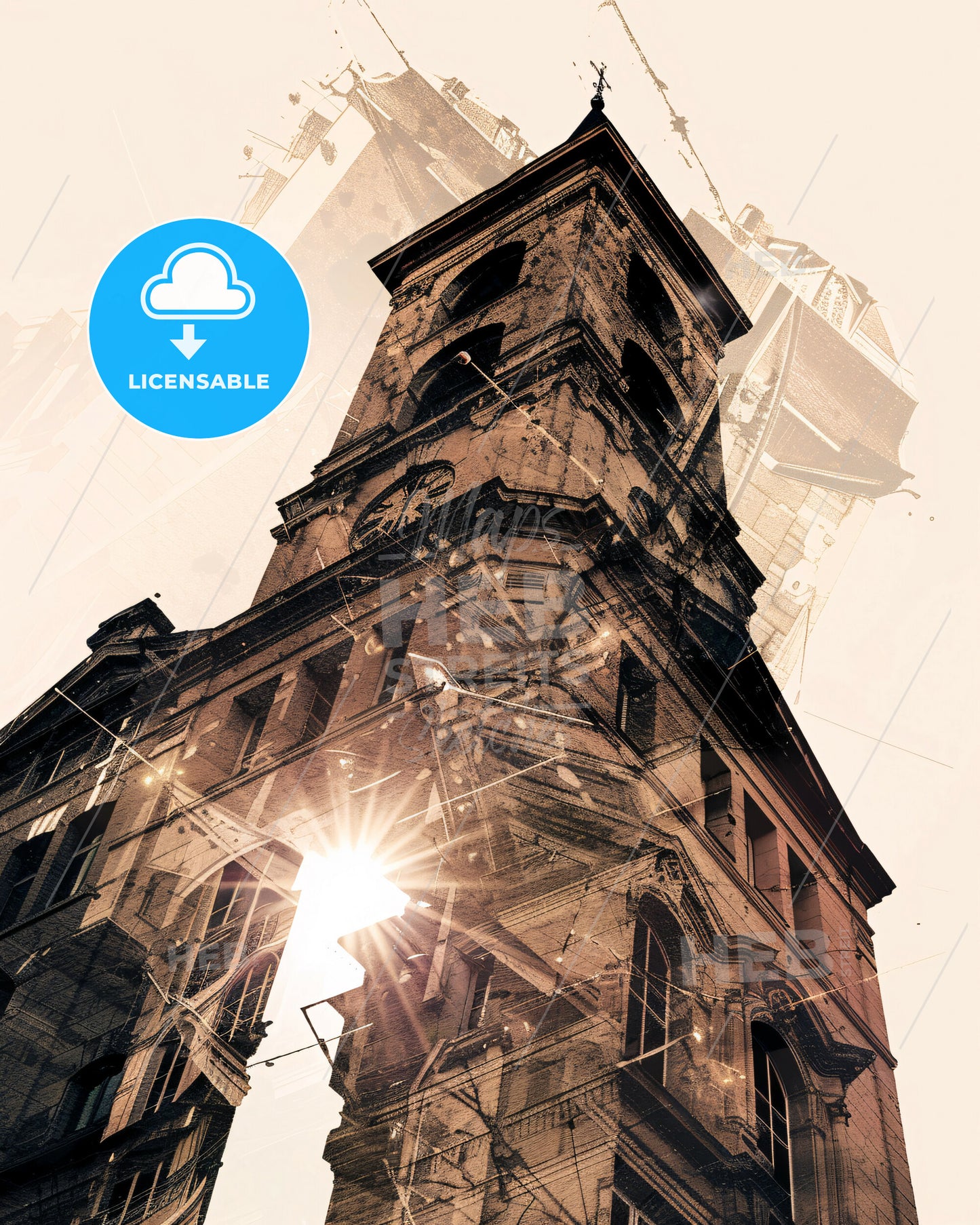 Argenteuil Double Exposure Skyline Poster Art - A tall building with a clock tower