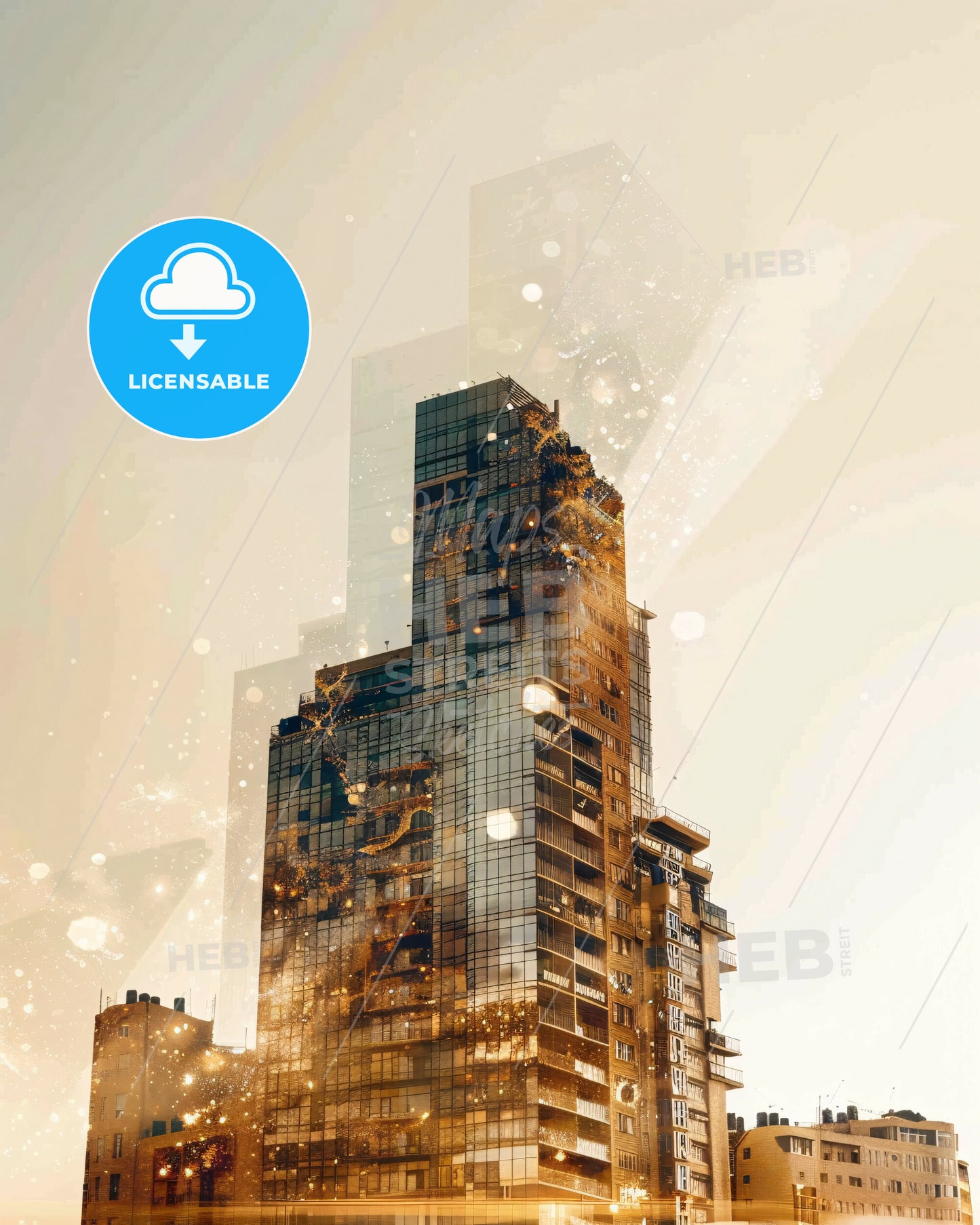 Ashdod Skyline Beige Sparkle Print - A tall building with many windows