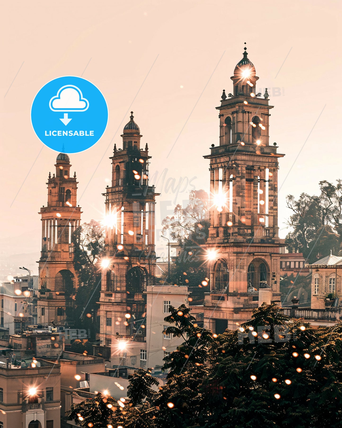 Asmara City Lights Skyline Composite Art Poster - A group of tall towers with lights on them