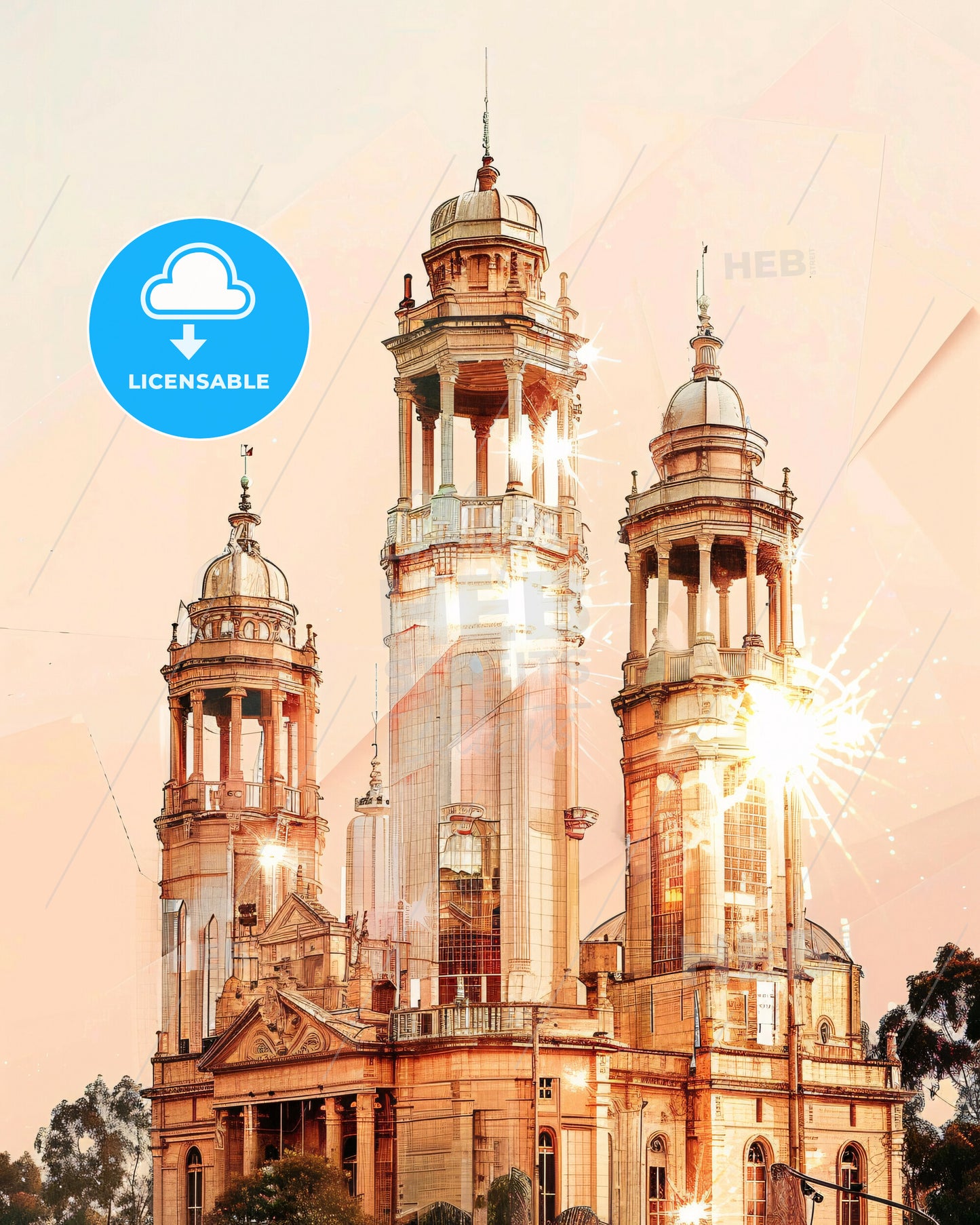 Asmara Eritrea Skyline Composite Art Poster - A building with towers and a sunburst