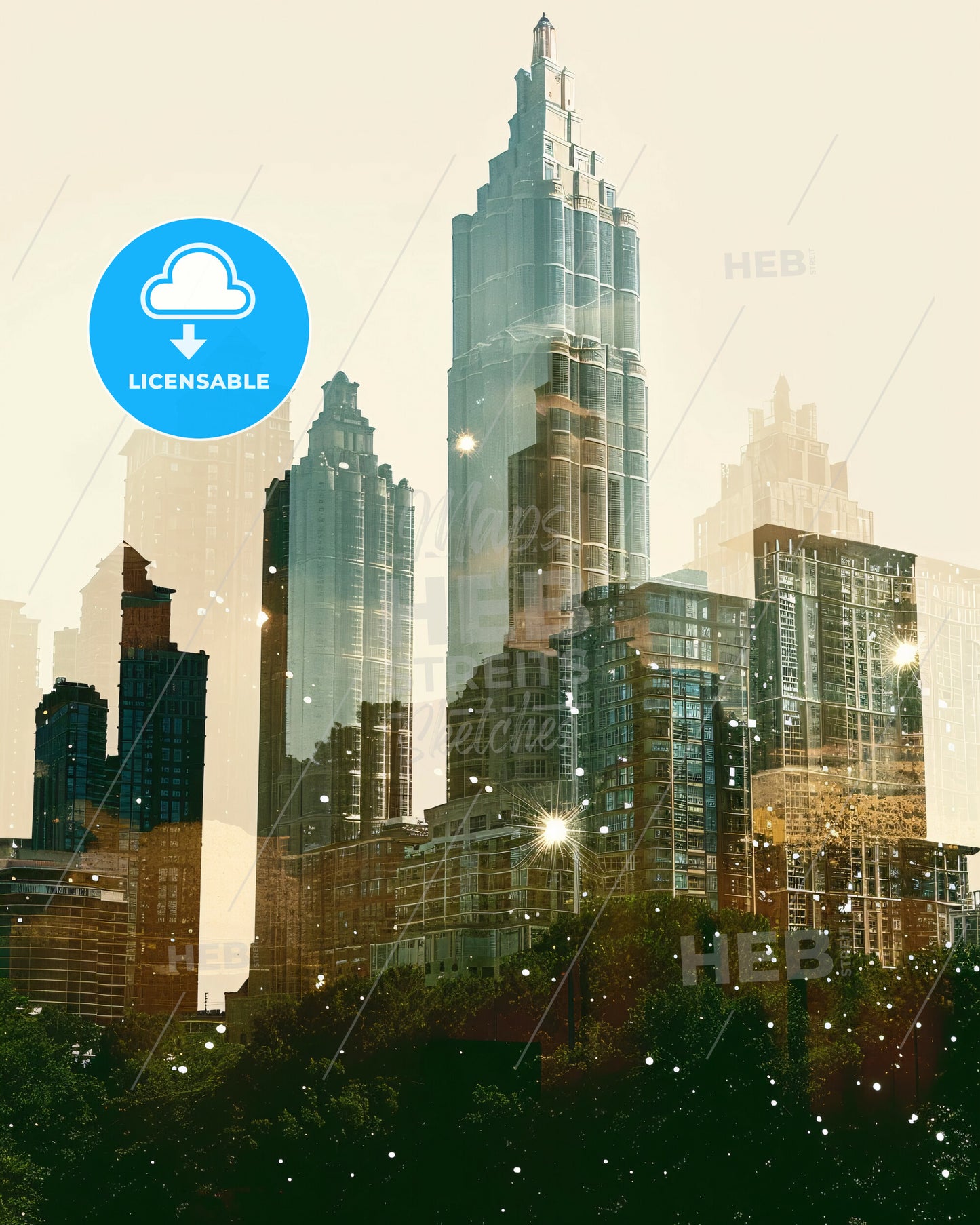 Atlanta City Lights Skyline Double Exposure - A city skyline with many tall buildings