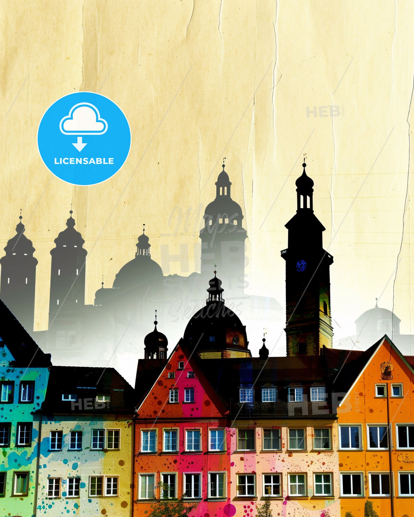 Augsburg Skyline Double Exposure Poster Art - A group of buildings with towers