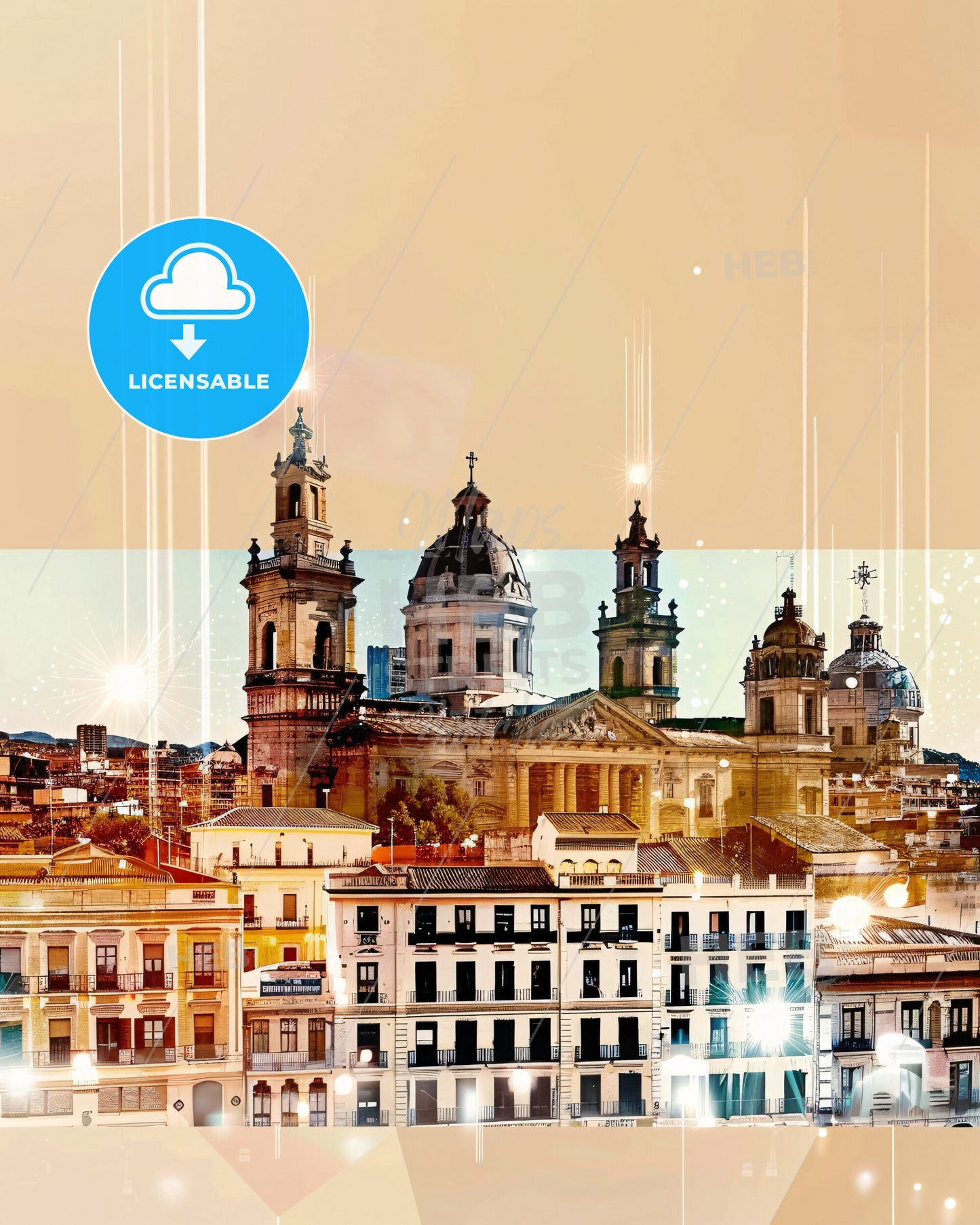 Badajoz Skyline Composite Art with Local Icons - A large building with domes and a large body of water