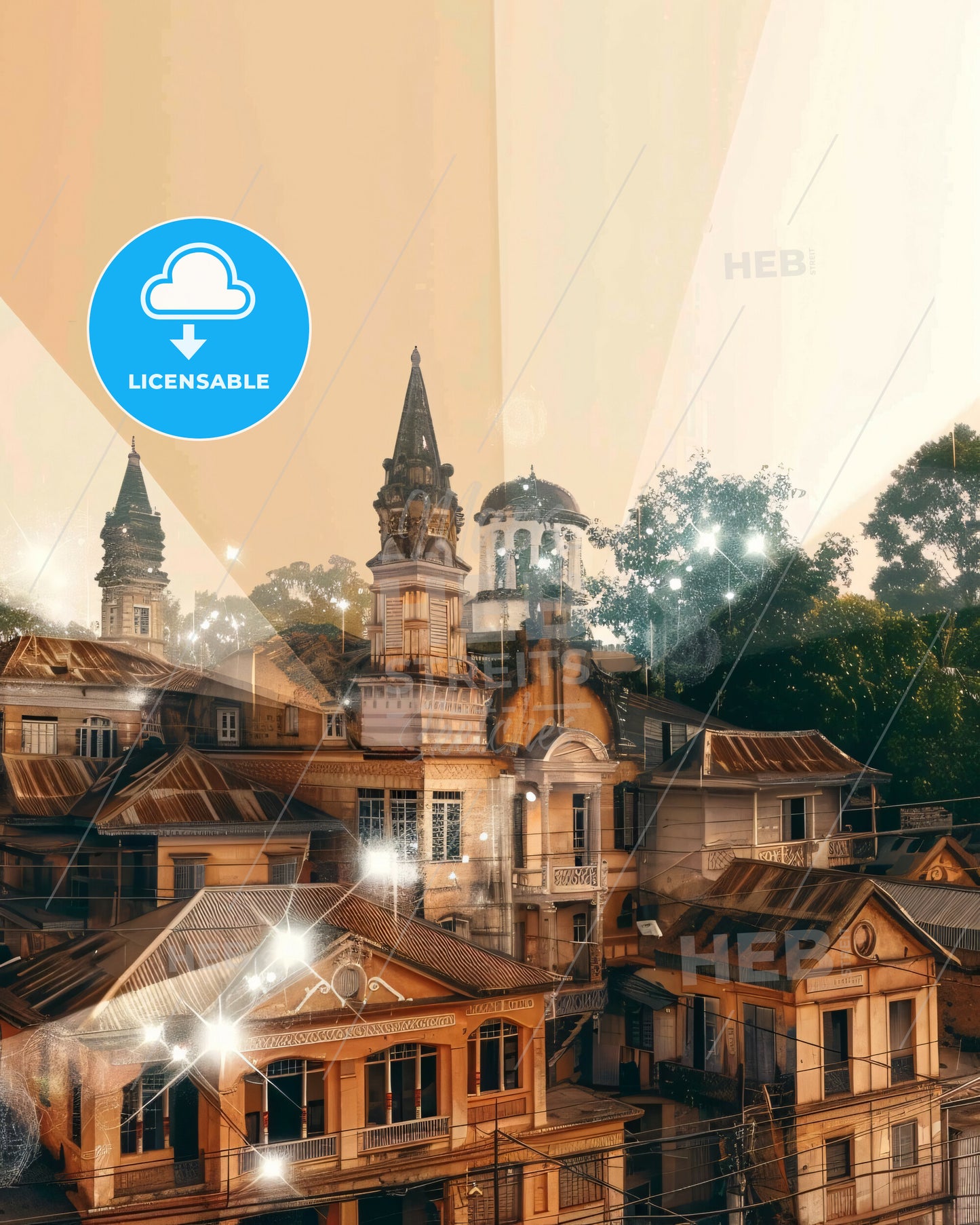 Bangui Skyline City Poster Art - A group of buildings with trees and lights