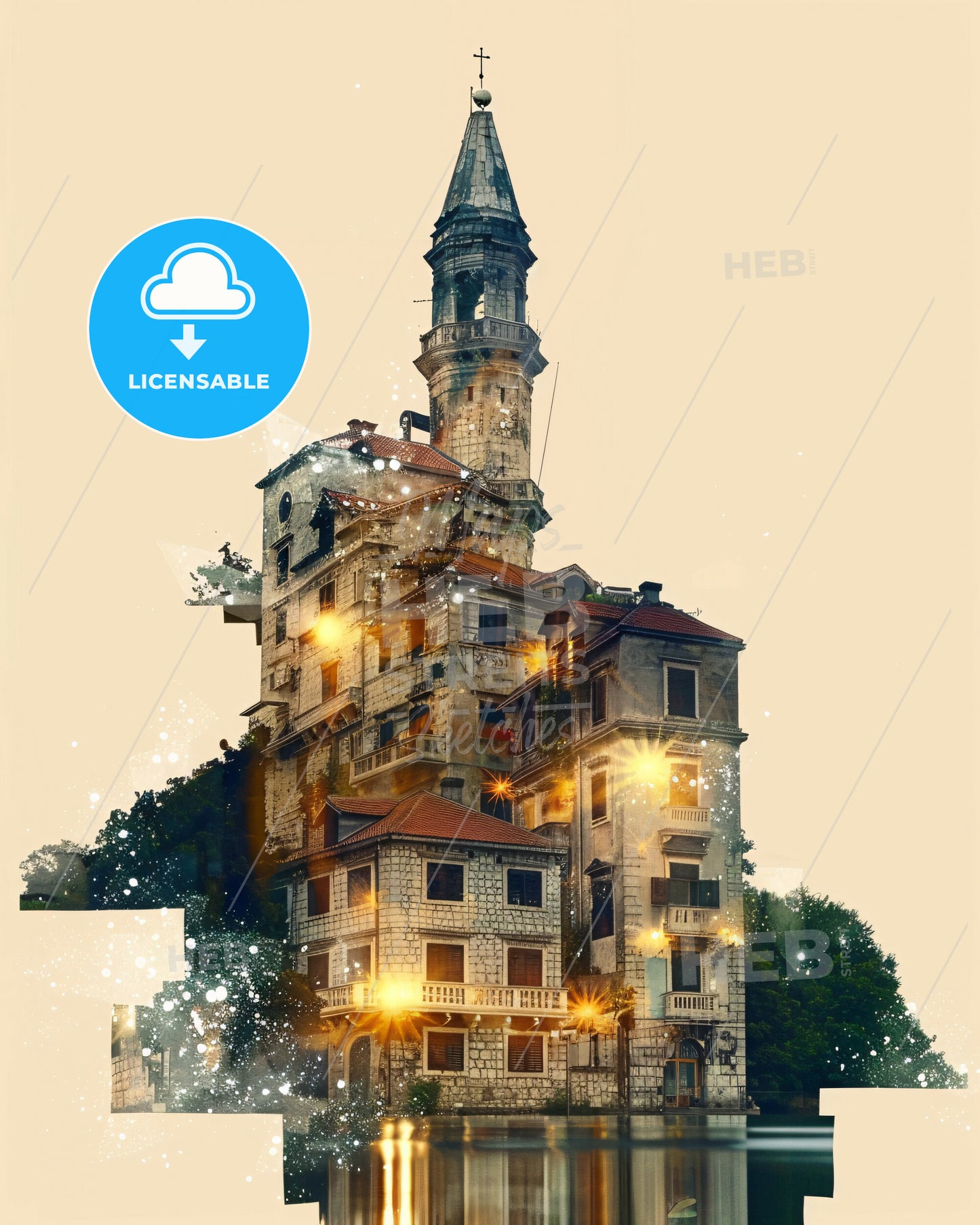 Bar Montenegro Skyline Night Composite Poster - A building with a tower and a tower