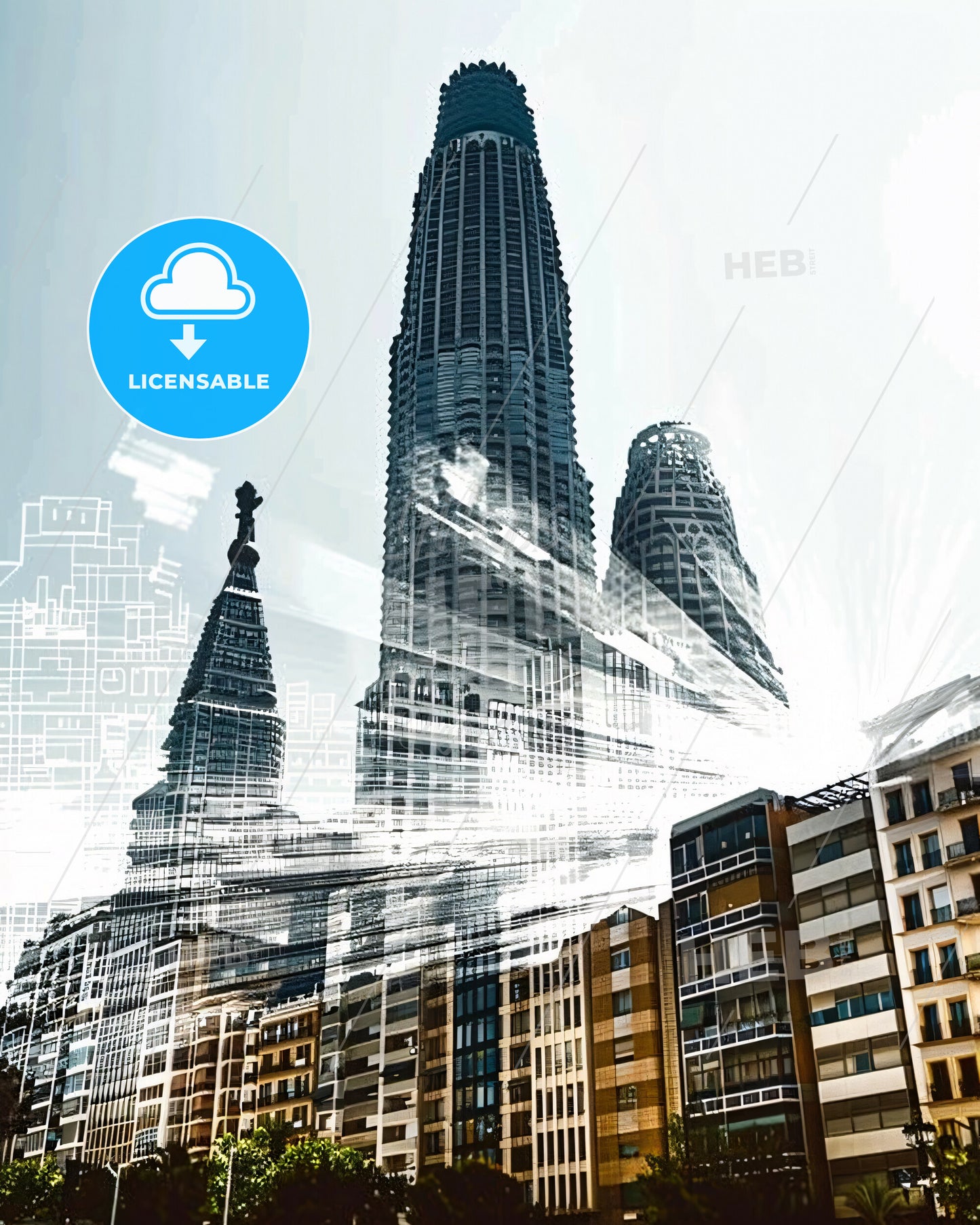 Barcelona, Spain: Cityscape Double Exposure Poster - A city with many tall buildings