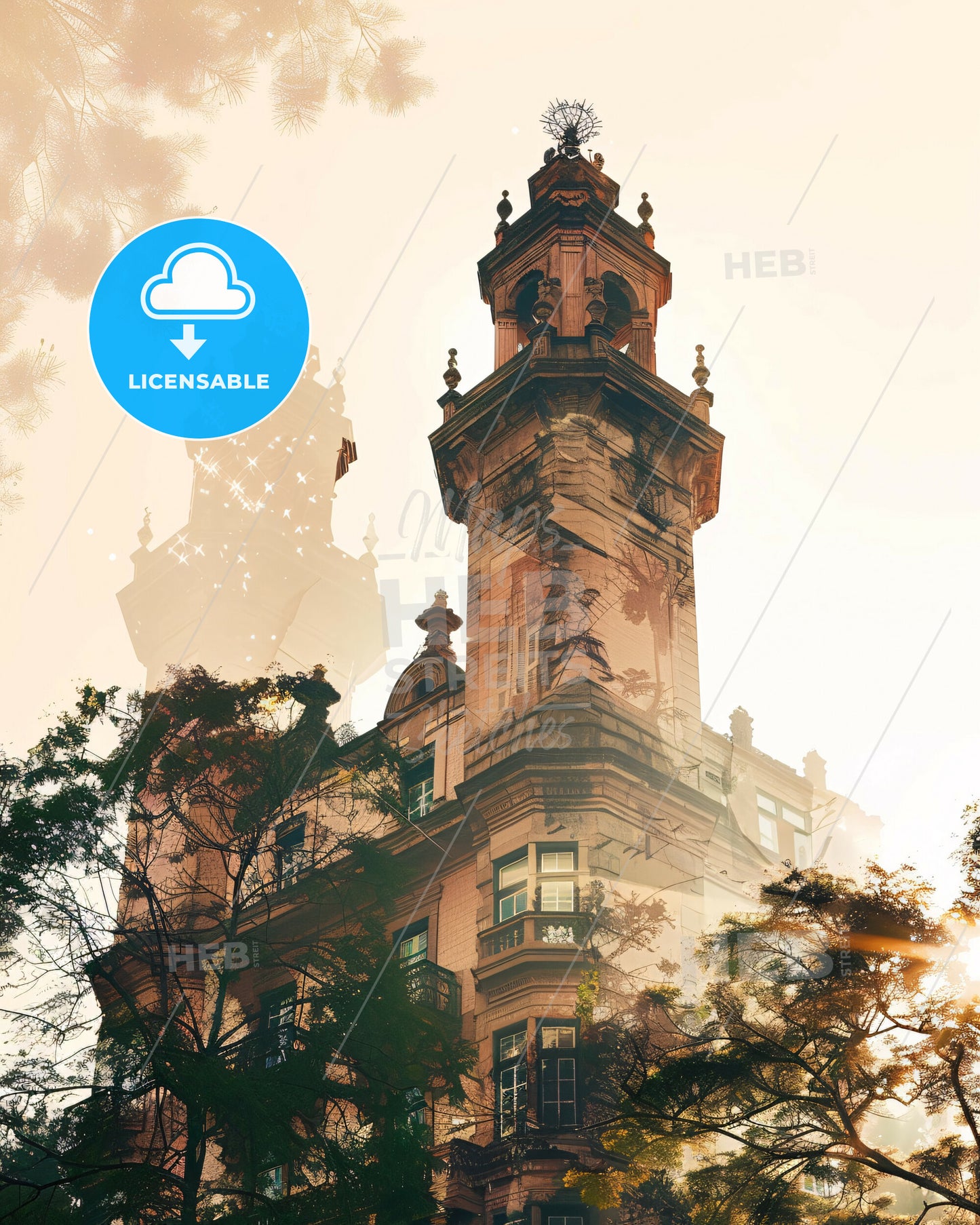 Barcelos Skyline Art Print: Local Icons and Sparkles - A building with a tower and trees