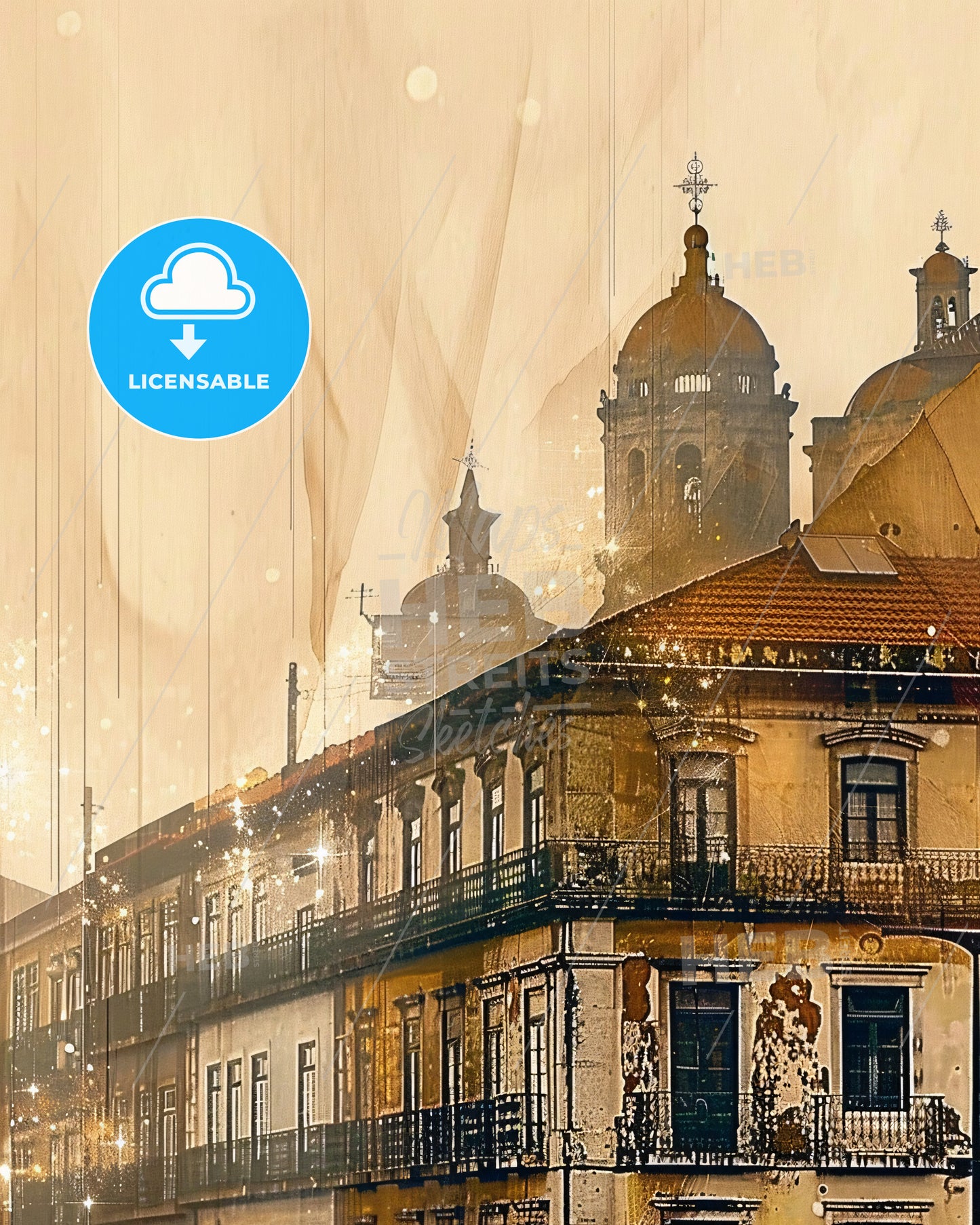 Barreiro: Colorful City Skyline Fantasy Composite - A building with a roof and a building with a tower