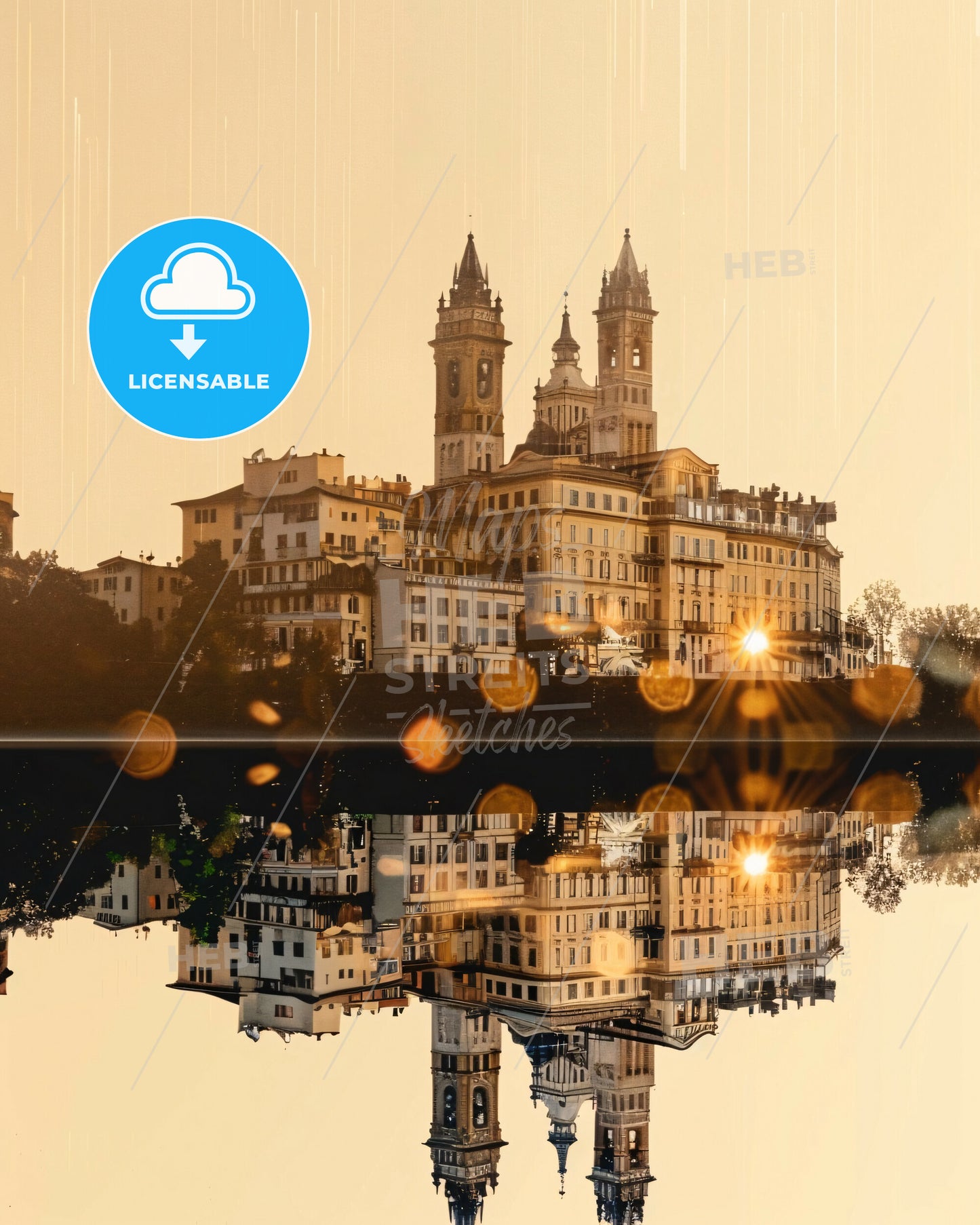 Bergamo City Icons on Beige Sparkly Skyline - A building with towers and a body of water