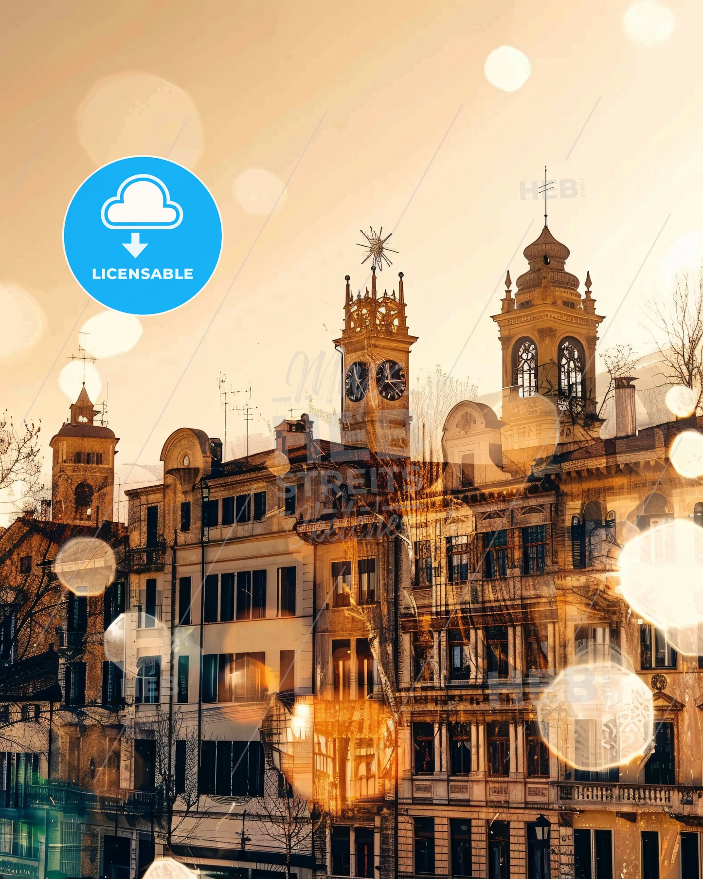 Bergamo City Double Exposure Skyline Poster Art - A building with a clock tower