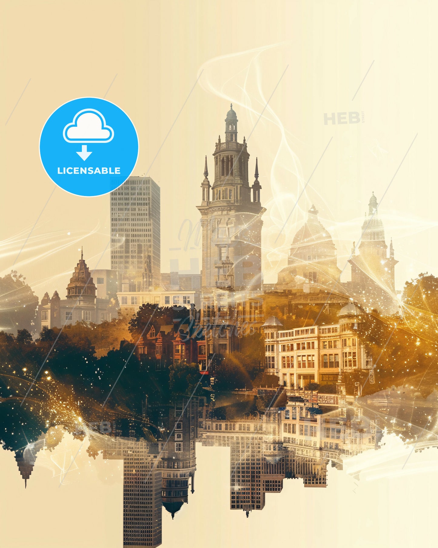 Berkeley City Skyline Double Exposure Composite Art - A city with many buildings and trees