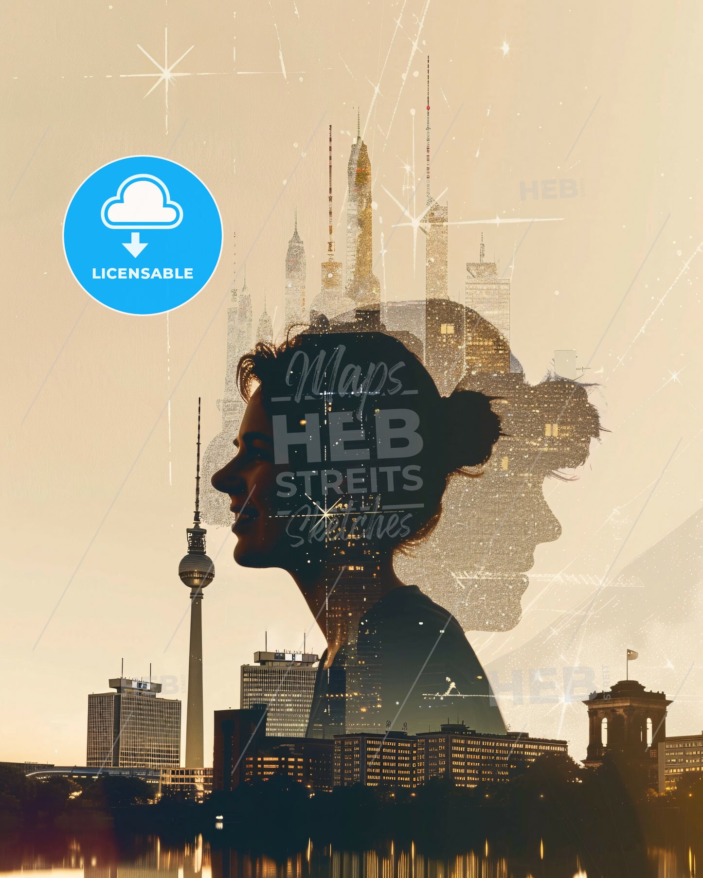 Berlin Skyline Silhouette Composite Paper Background - A woman's profile with a city skyline behind her