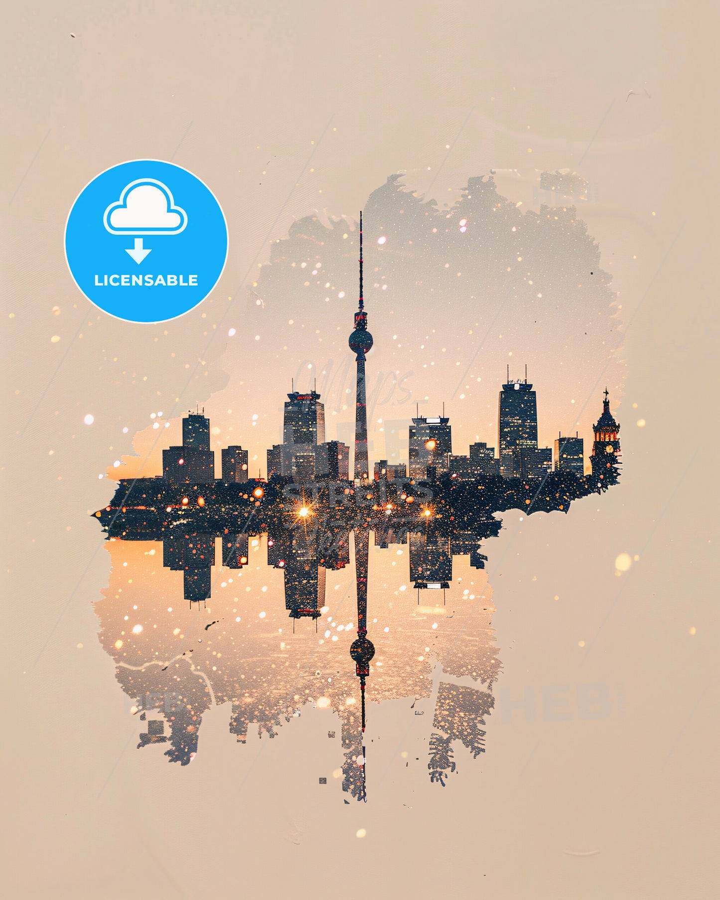 Berlin Double-Exposure Sparkle Skyline Print - A city skyline with a reflection of a tower