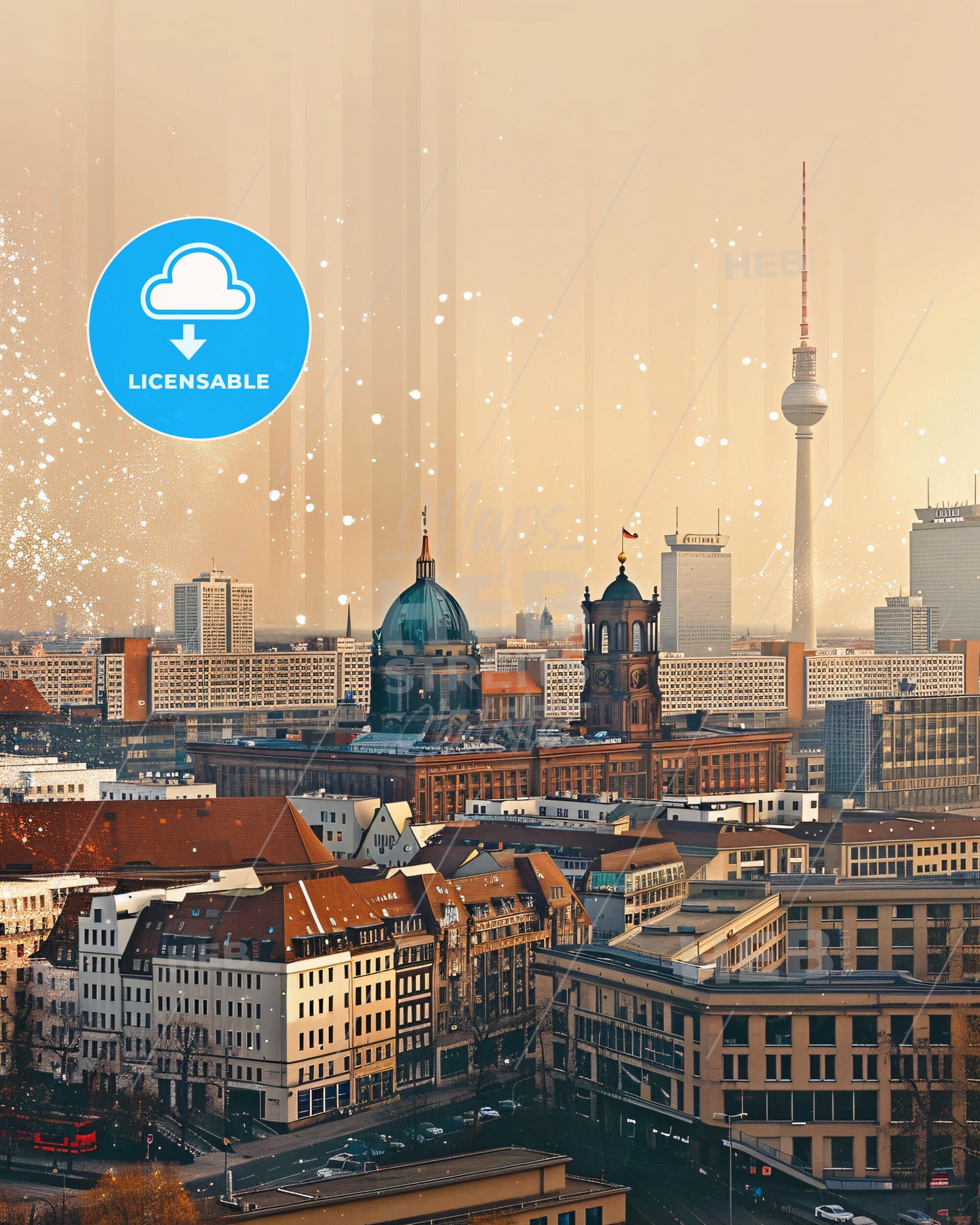 Berlin City Skyline Double Exposure Poster Art - A city with many buildings and a tower