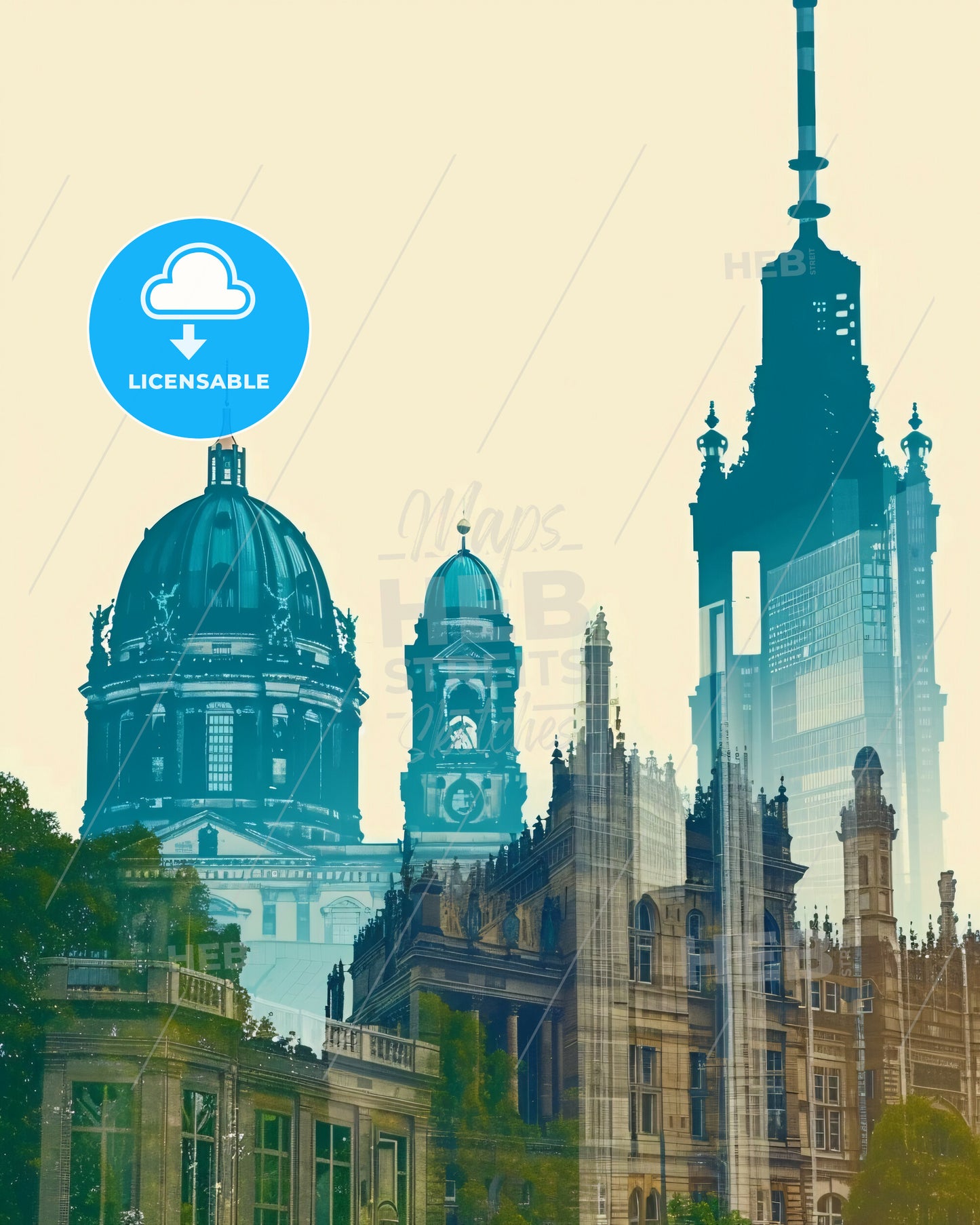 Berlin Skyline Double Exposure Composite Artwork - A city skyline with a large building